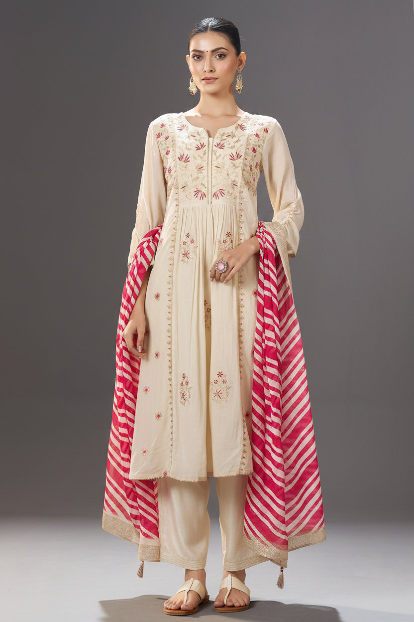 Ivory Blossom Embroidery Kurta Set with Leheriya Dupatta
