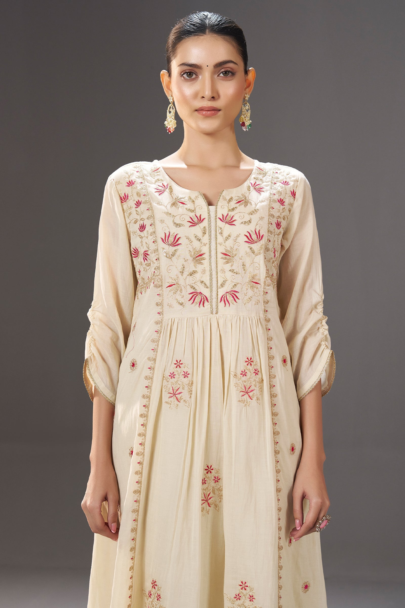 Ivory Blossom Embroidery Kurta Set with Leheriya Dupatta