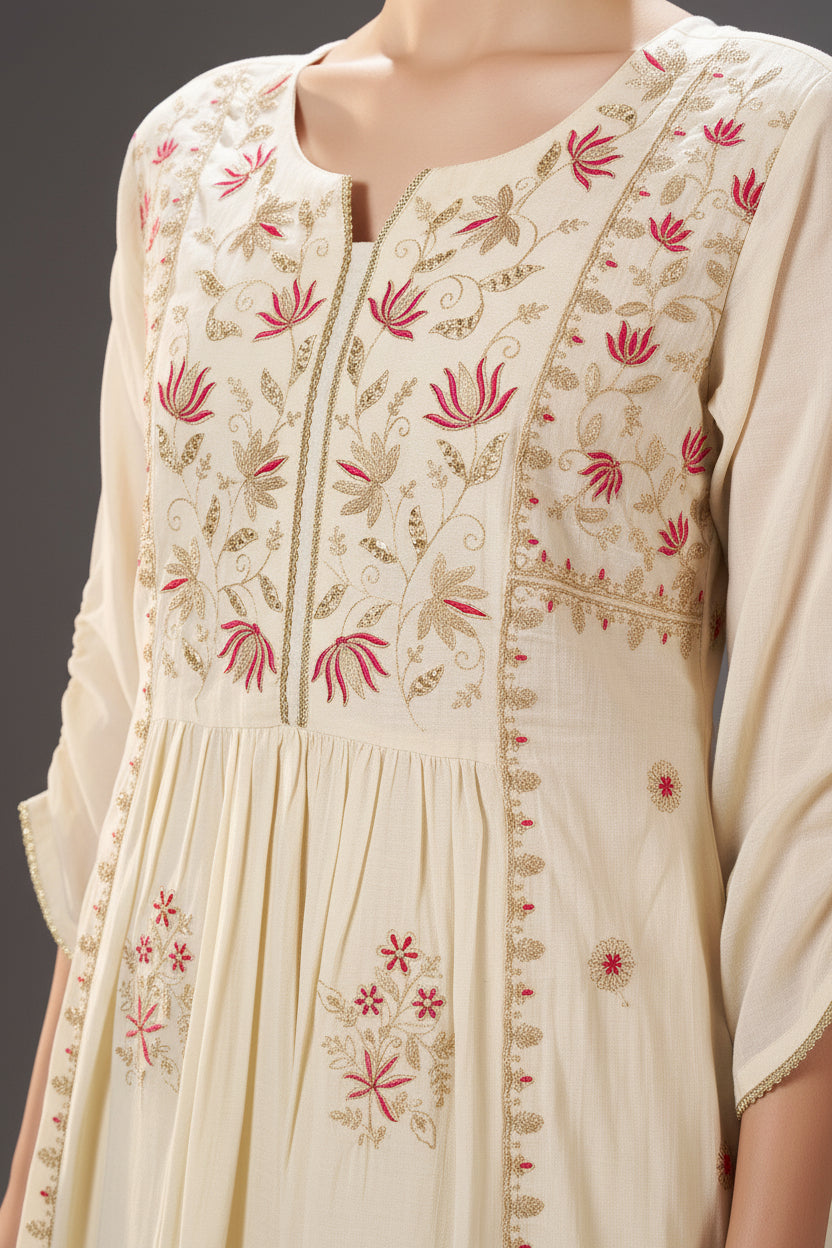 Ivory Blossom Embroidery Kurta Set with Leheriya Dupatta