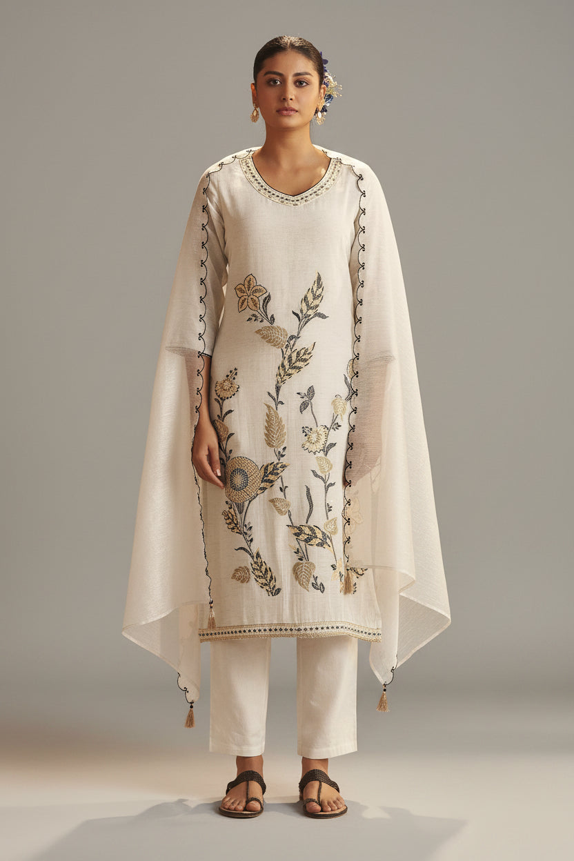 Pale Chambray Linen Cotton Jacquard Kurta Set