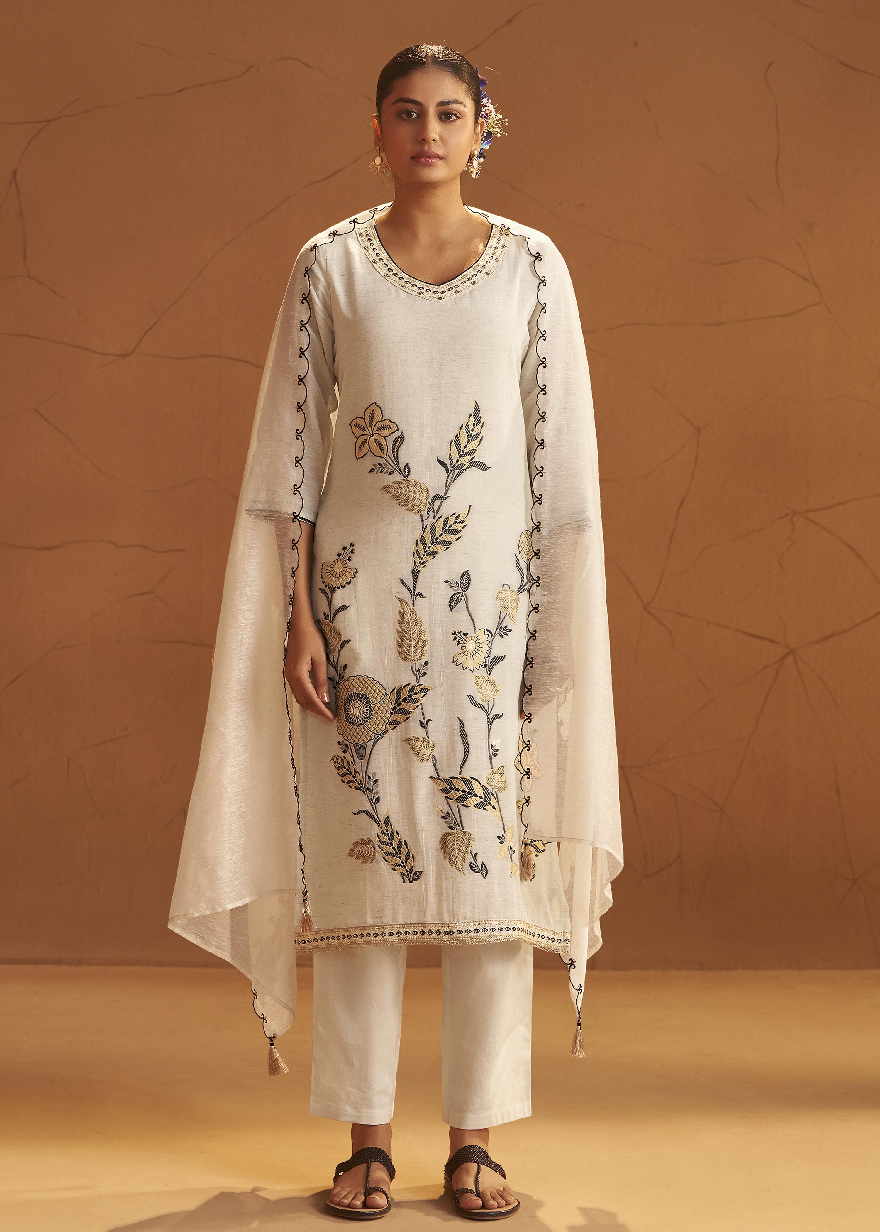 Pale Chambray Linen Cotton Jacquard Kurta Set