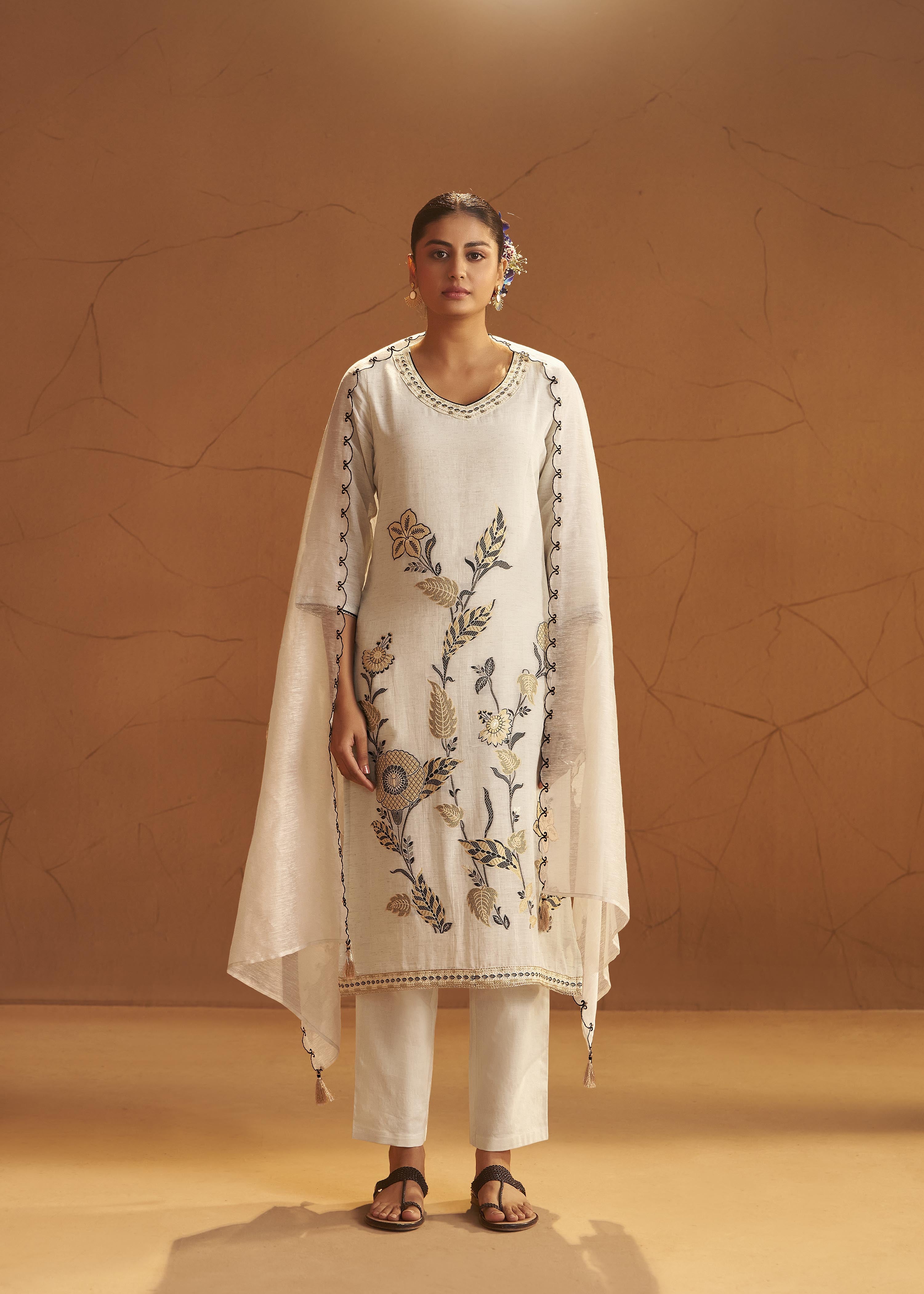 Pale Chambray Linen Cotton Jacquard Kurta Set