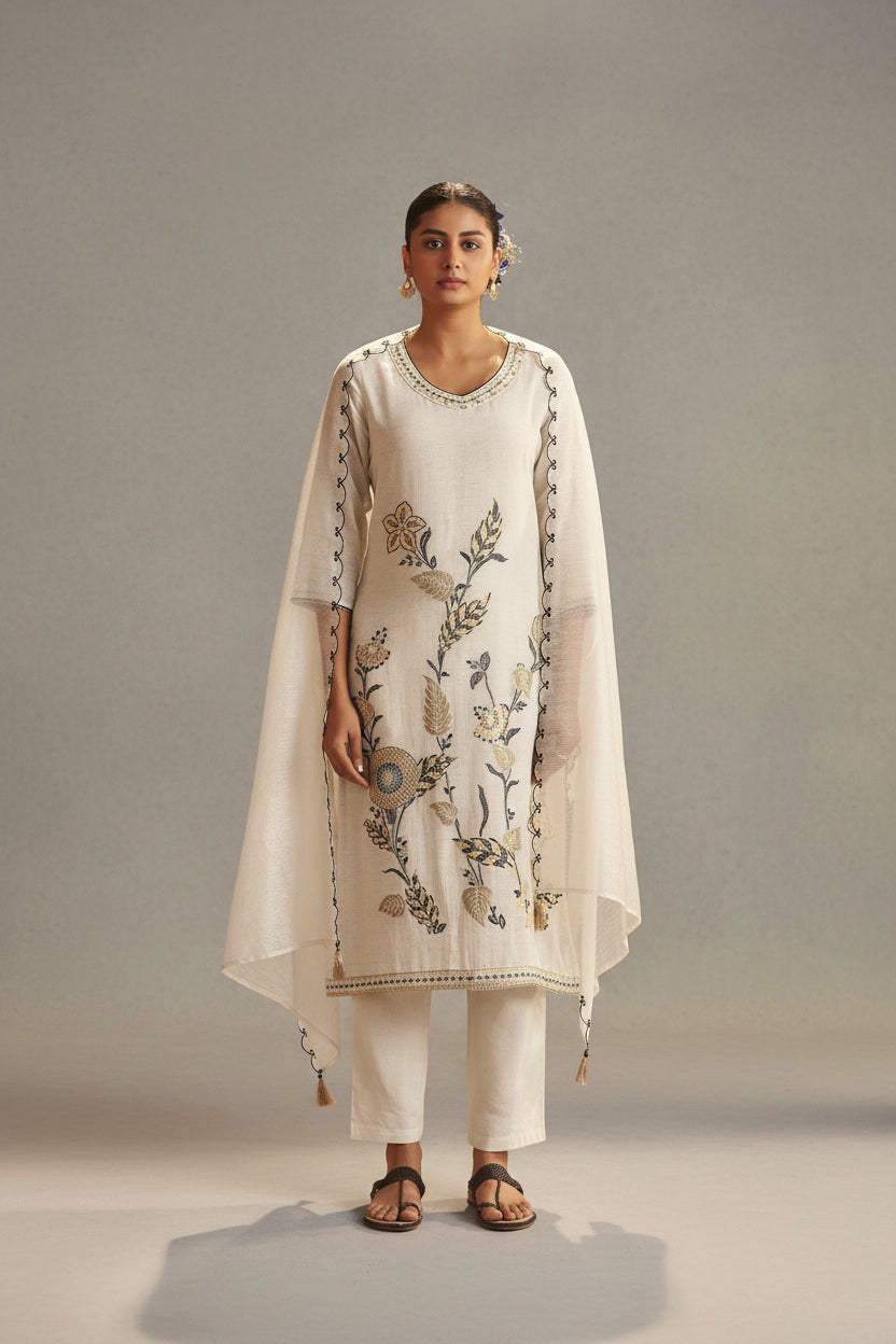 Pale Chambray Linen Cotton Jacquard Kurta Set