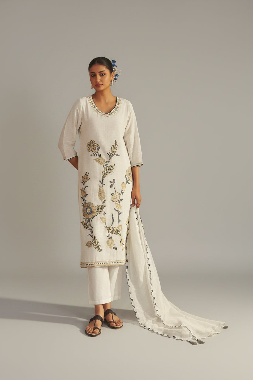 Pale Chambray Linen Cotton Jacquard Kurta Set