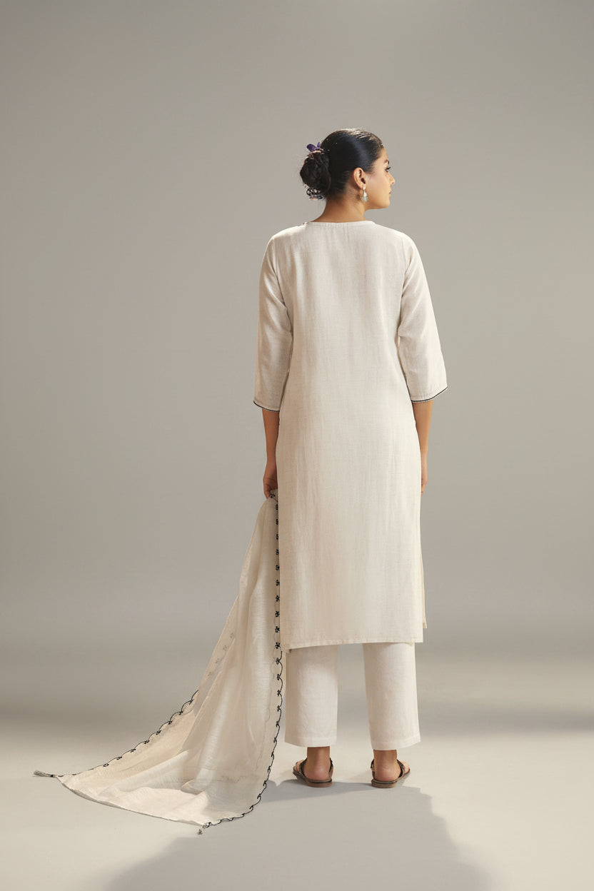 Pale Chambray Linen Cotton Jacquard Kurta Set