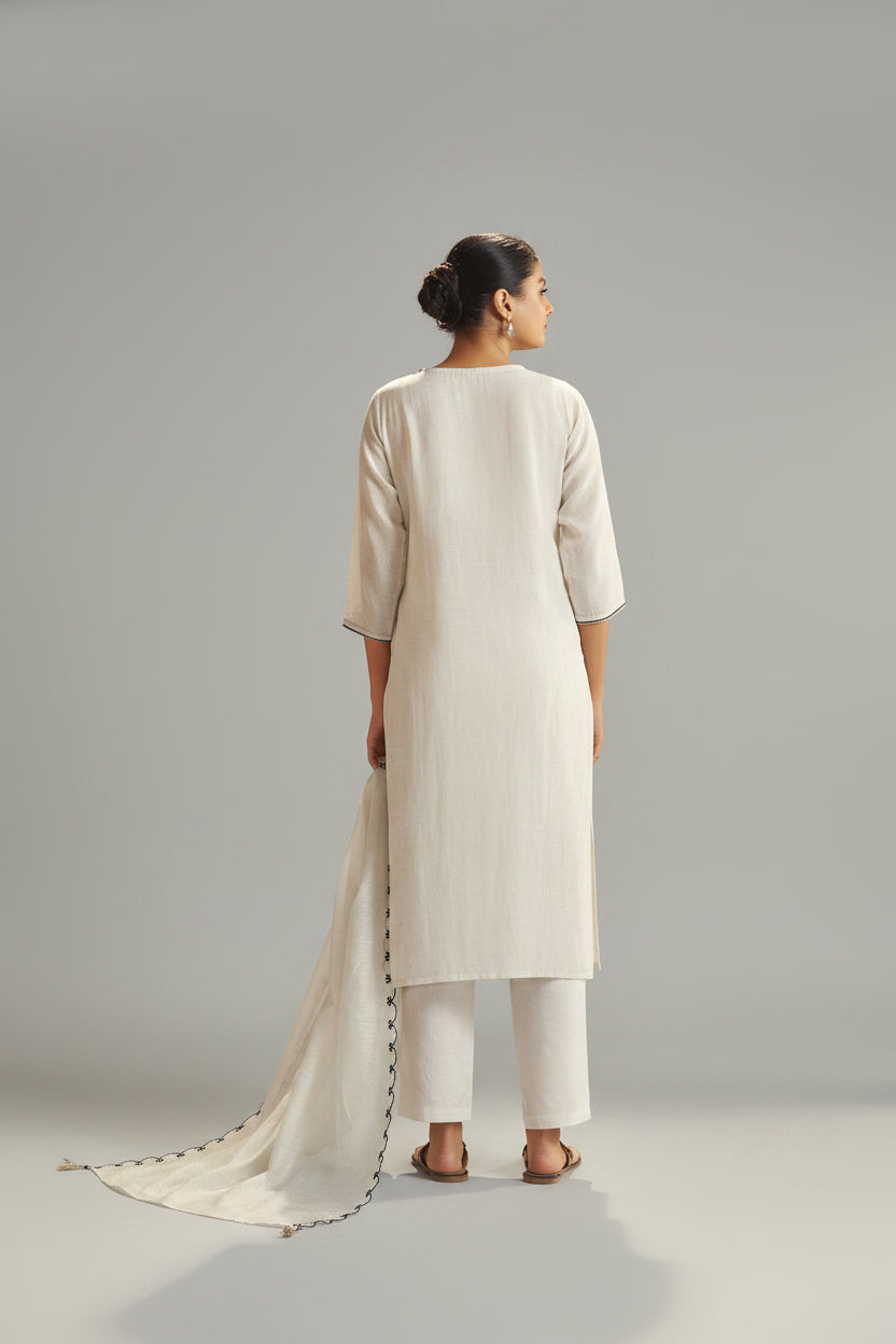 Pale Chambray Linen Cotton Jacquard Kurta Set