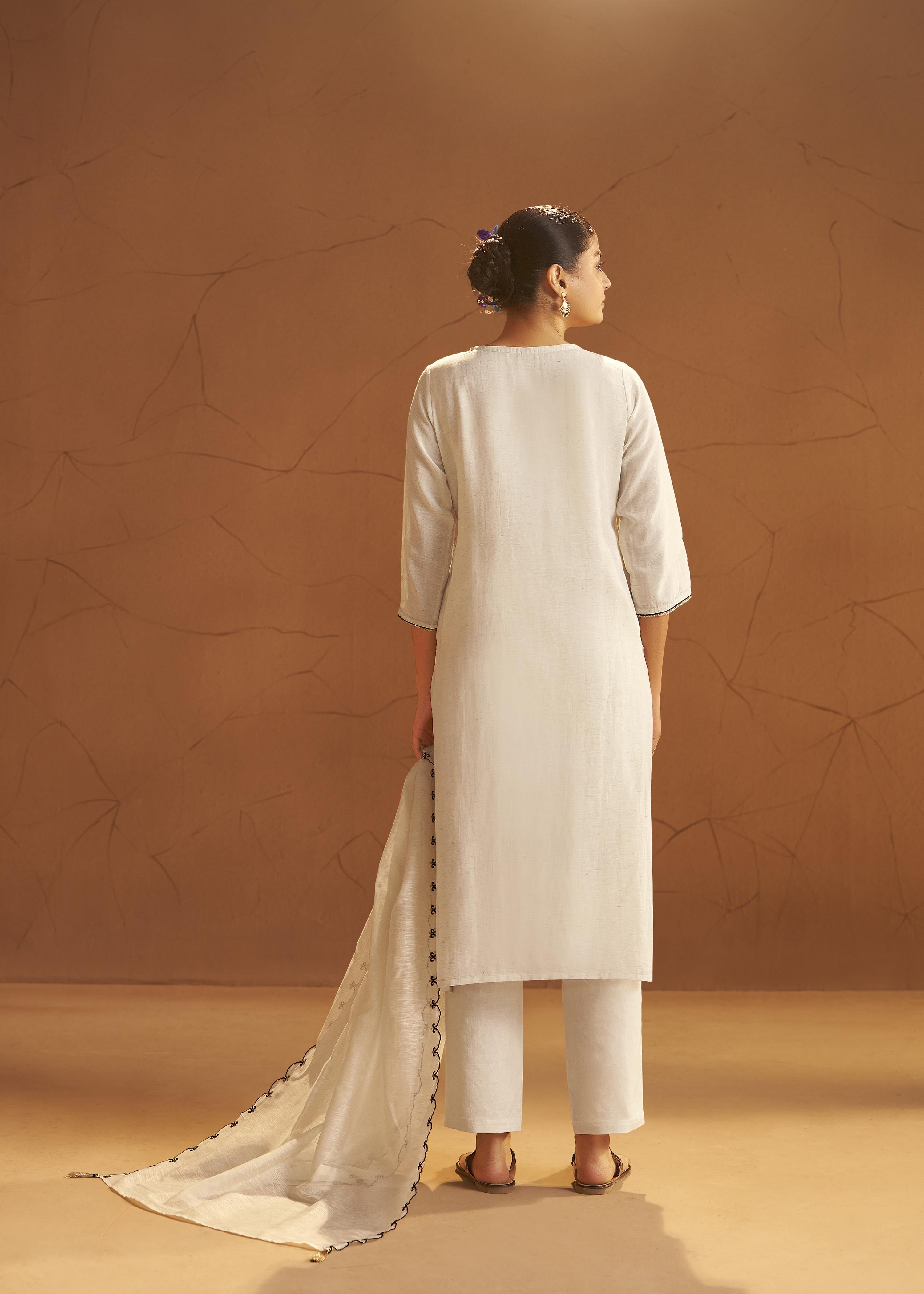 Pale Chambray Linen Cotton Jacquard Kurta Set