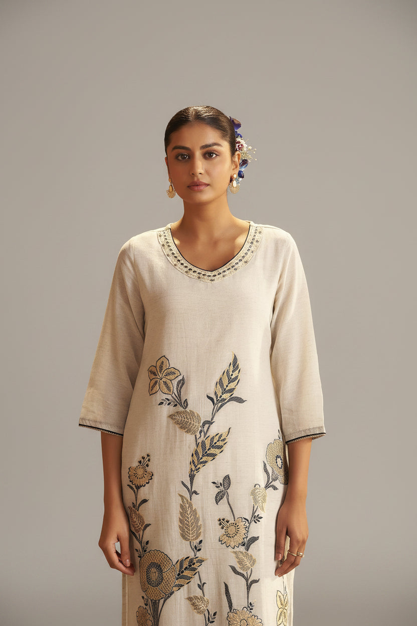 Pale Chambray Linen Cotton Jacquard Kurta Set