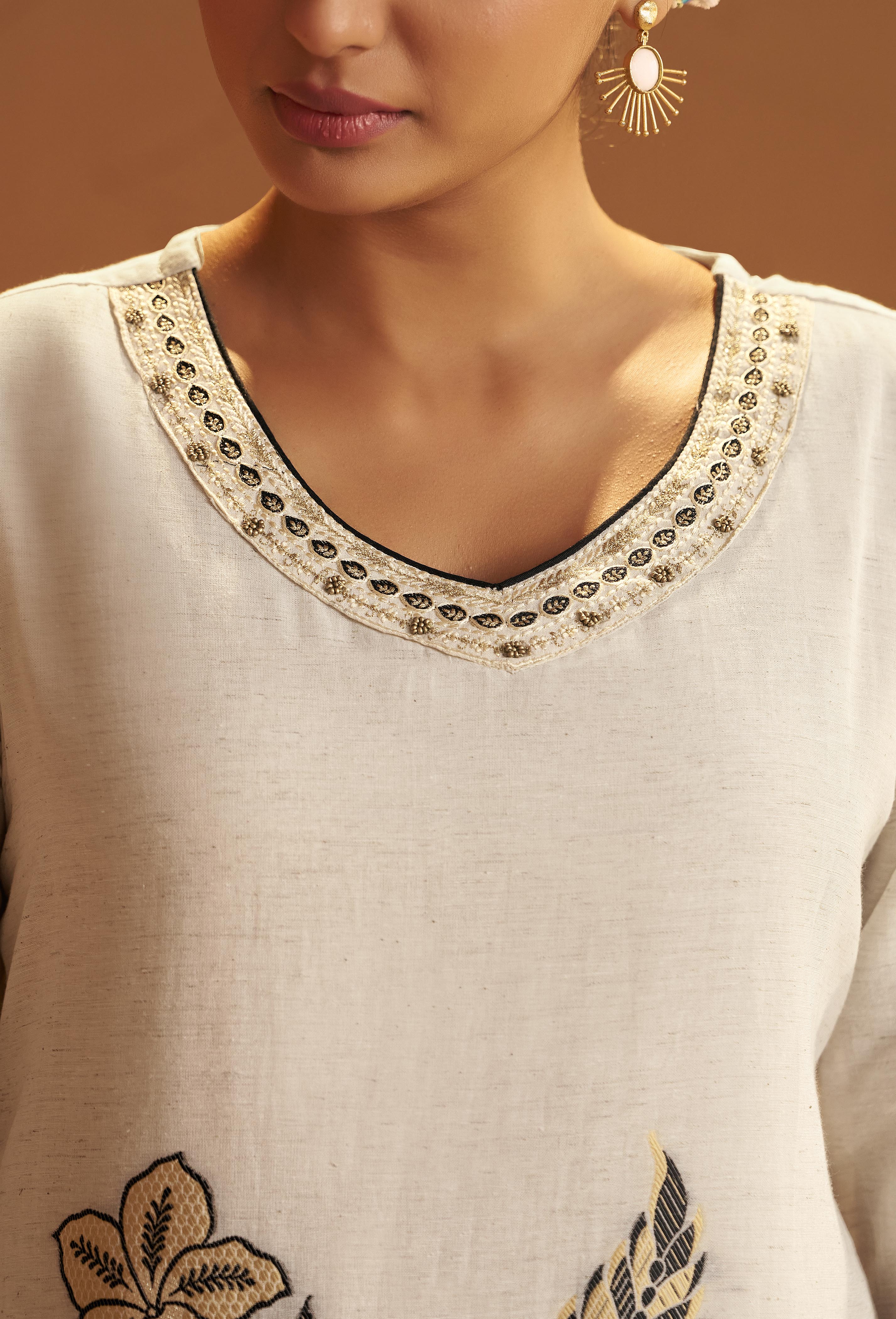 Pale Chambray Linen Cotton Jacquard Kurta Set