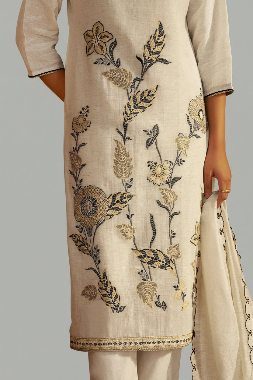 Pale Chambray Linen Cotton Jacquard Kurta Set