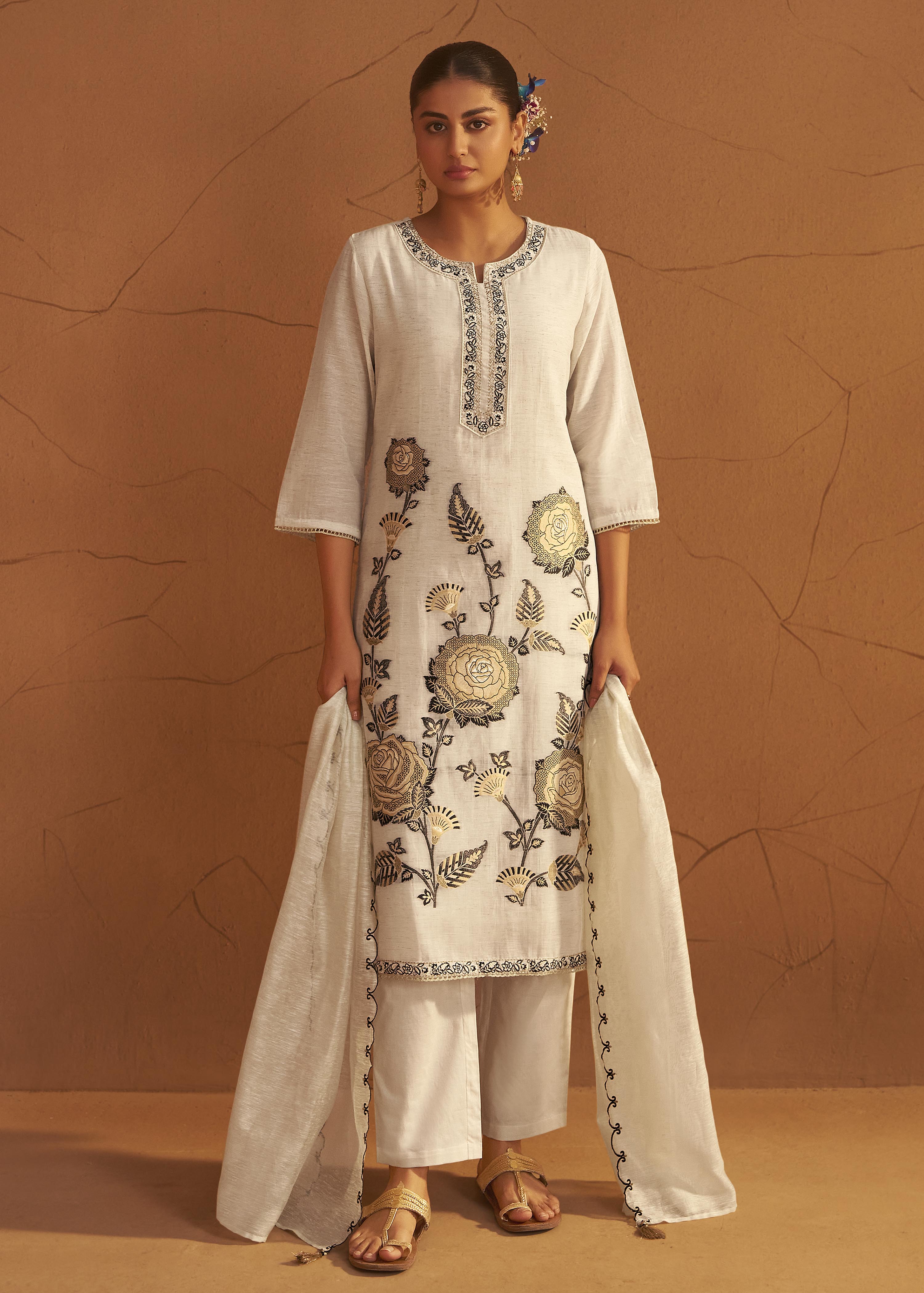 Greige White Linen Cotton Jacquard Kurta Set