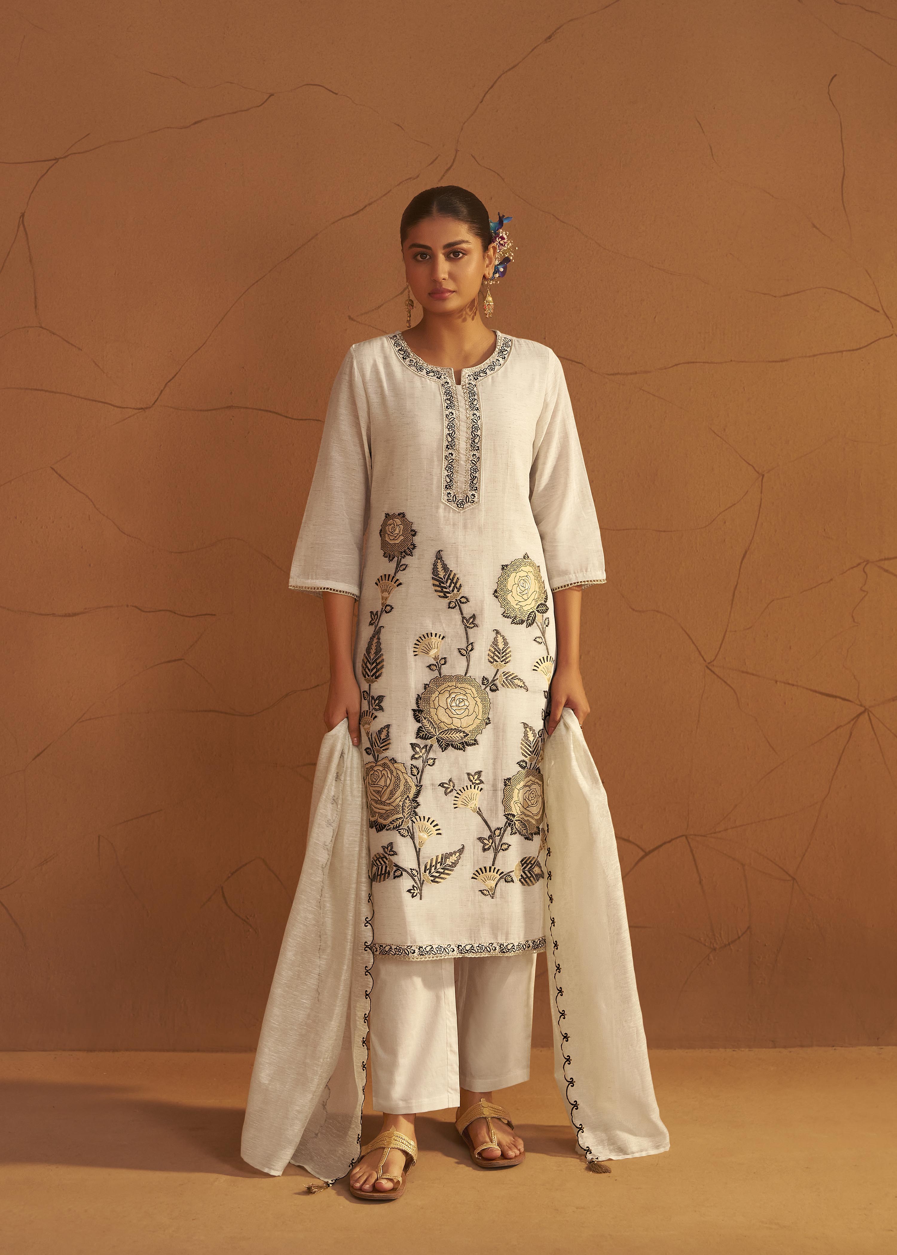 Greige White Linen Cotton Jacquard Kurta Set