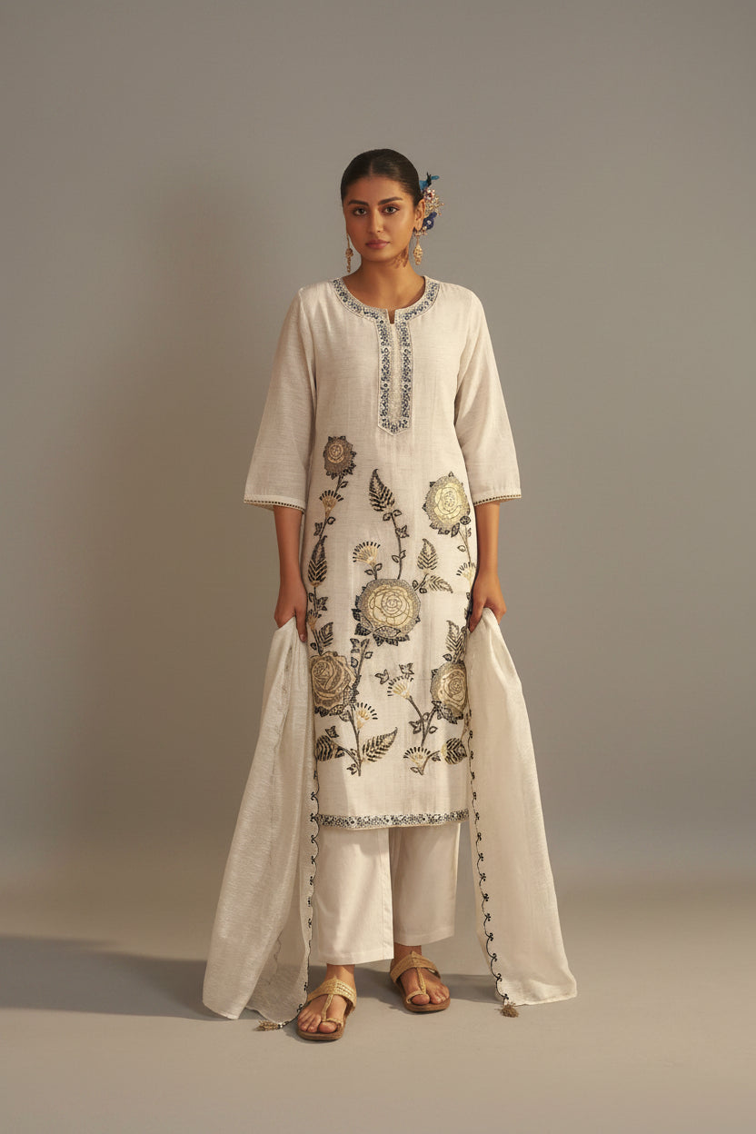 Greige White Linen Cotton Jacquard Kurta Set