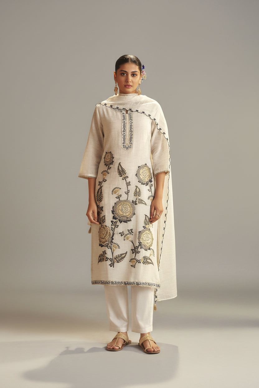 Greige White Linen Cotton Jacquard Kurta Set