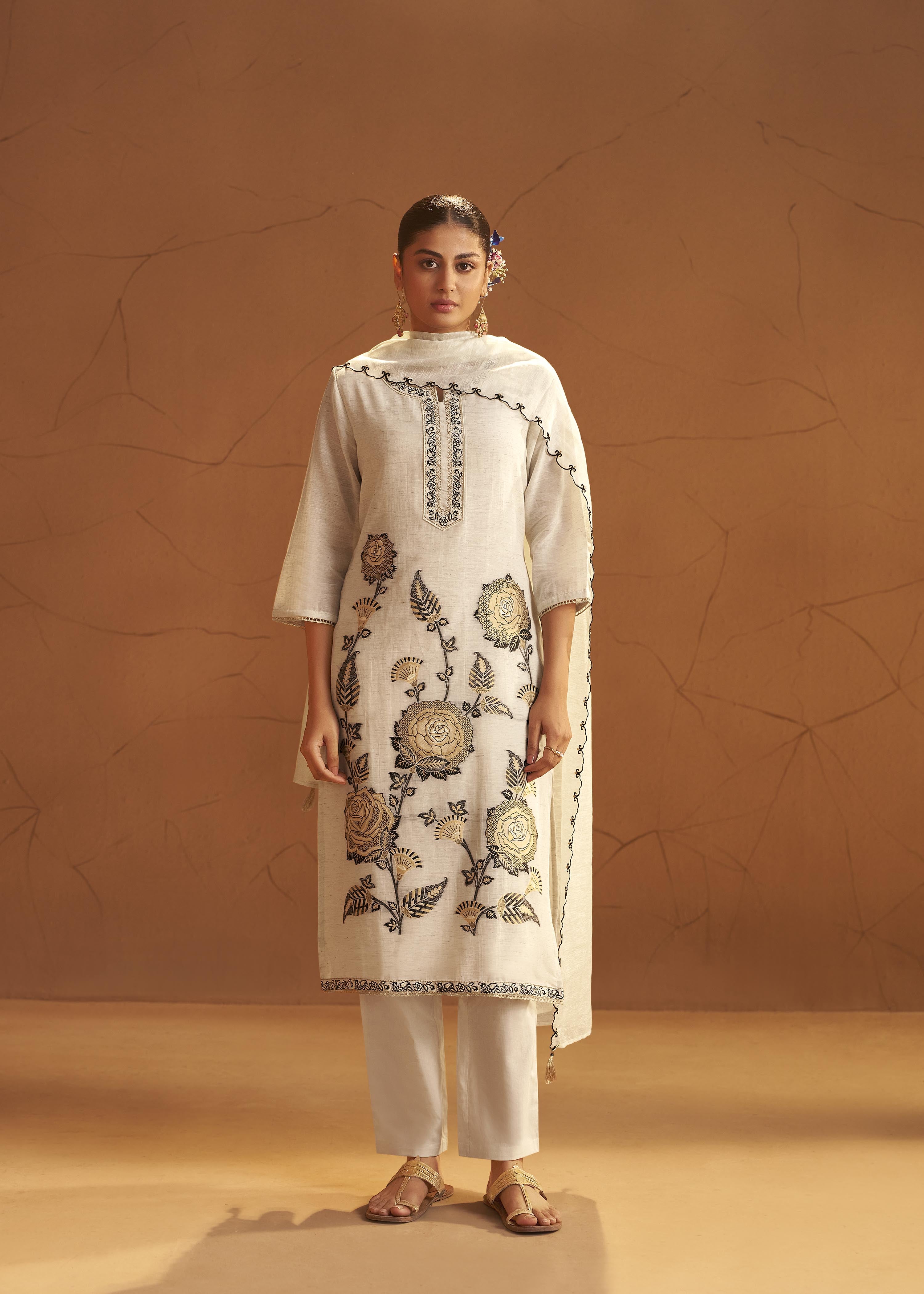 Greige White Linen Cotton Jacquard Kurta Set
