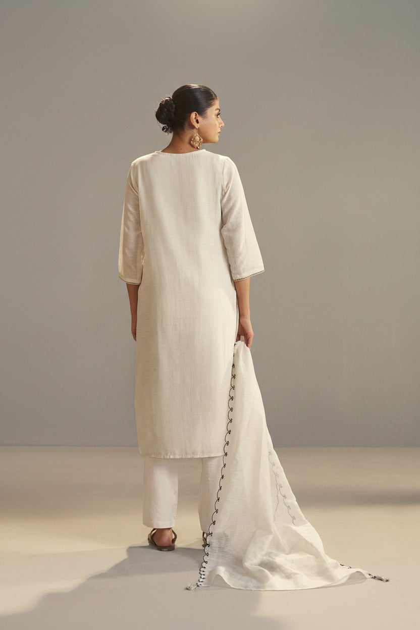Greige White Linen Cotton Jacquard Kurta Set