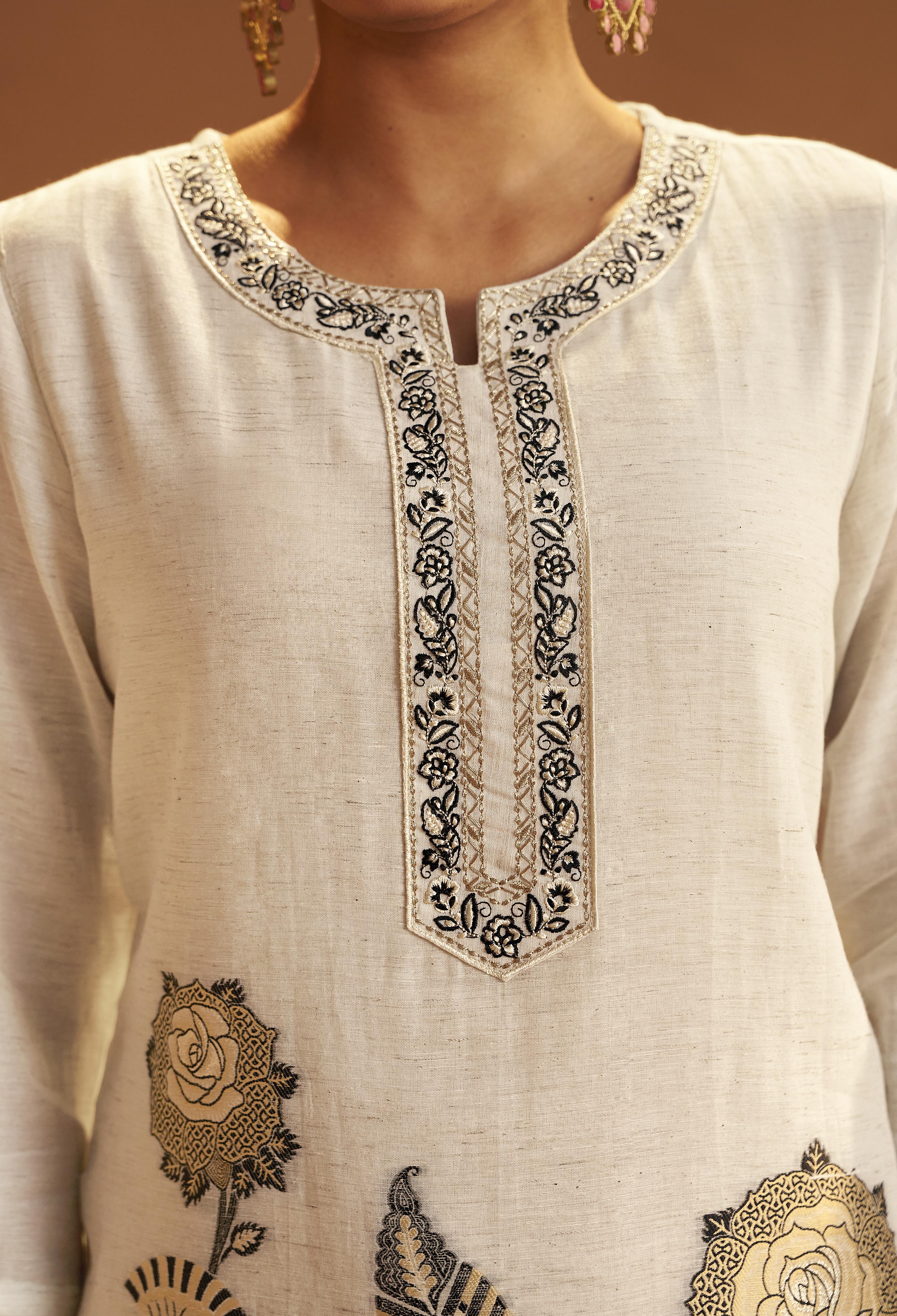 Greige White Linen Cotton Jacquard Kurta Set