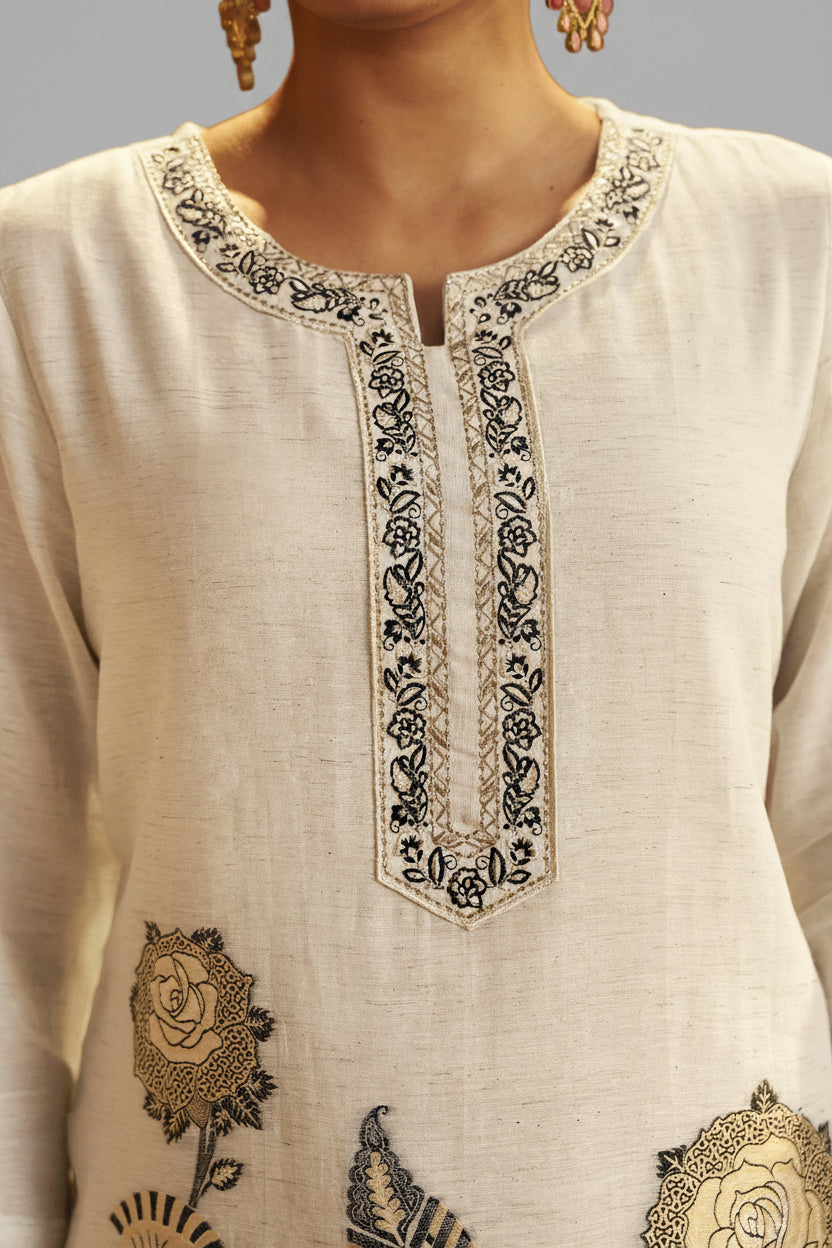 Greige White Linen Cotton Jacquard Kurta Set