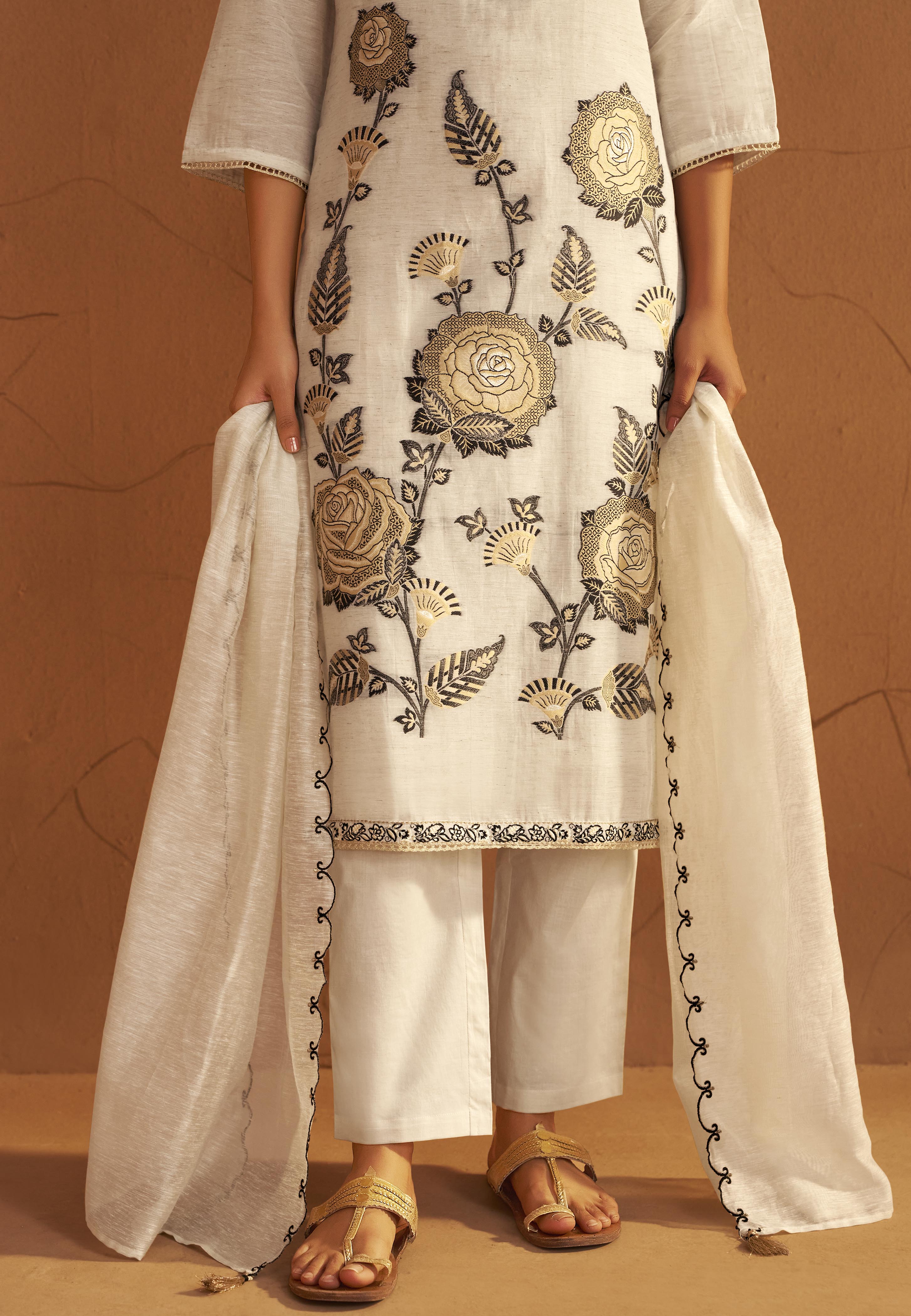 Greige White Linen Cotton Jacquard Kurta Set