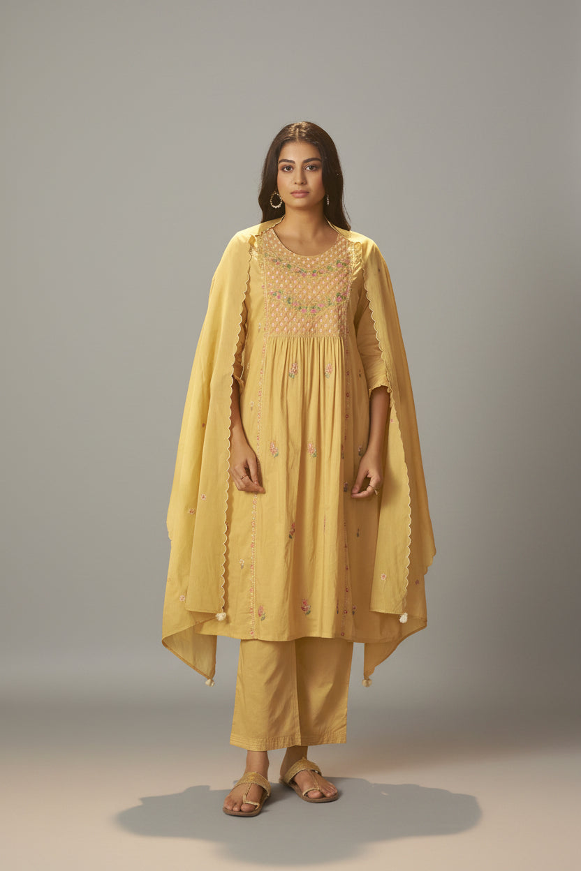 Pastel Yellow A-Line Cotton Embroidery Kurta Set