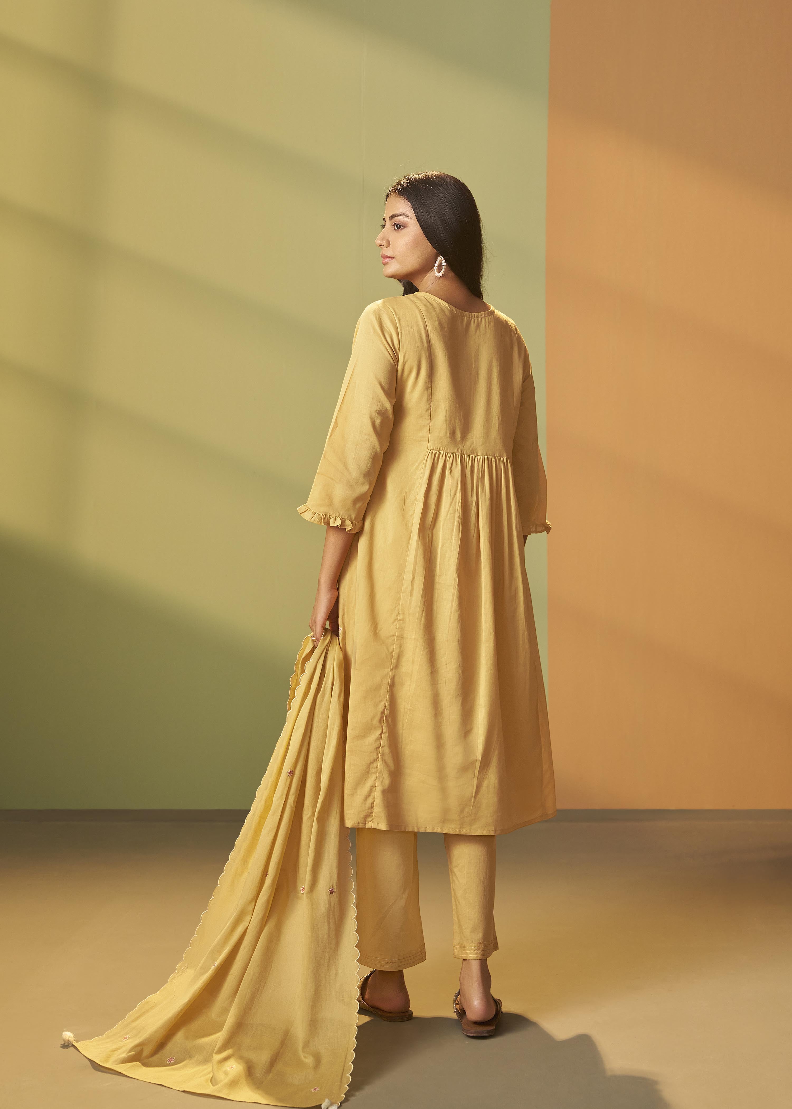 Pastel Yellow A-Line Cotton Embroidery Kurta Set
