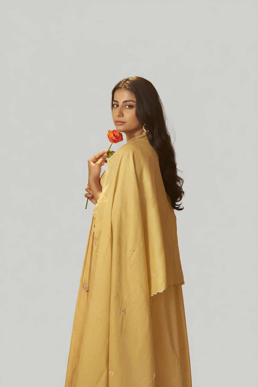 Pastel Yellow A-Line Cotton Embroidery Kurta Set