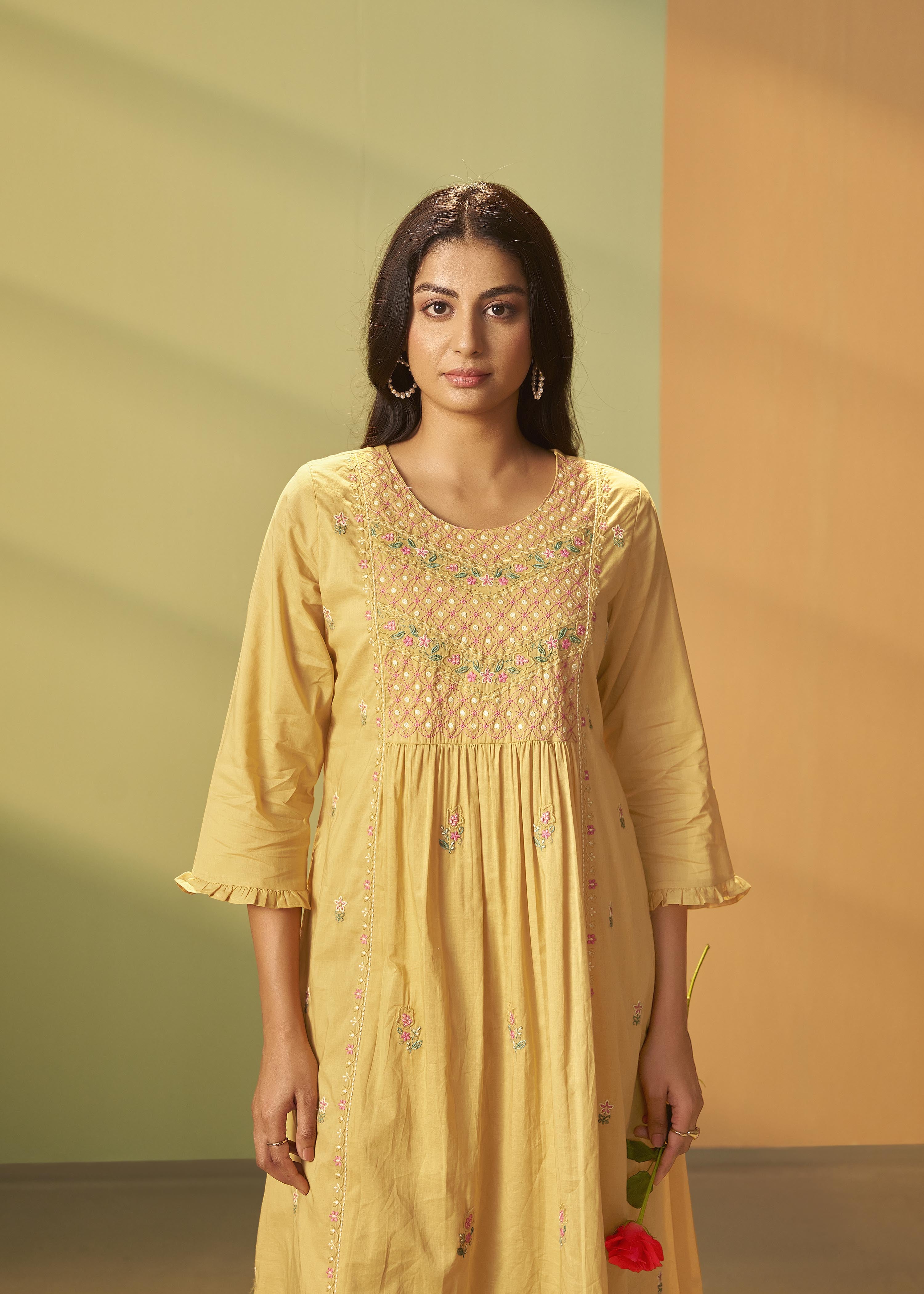 Pastel Yellow A-Line Cotton Embroidery Kurta Set