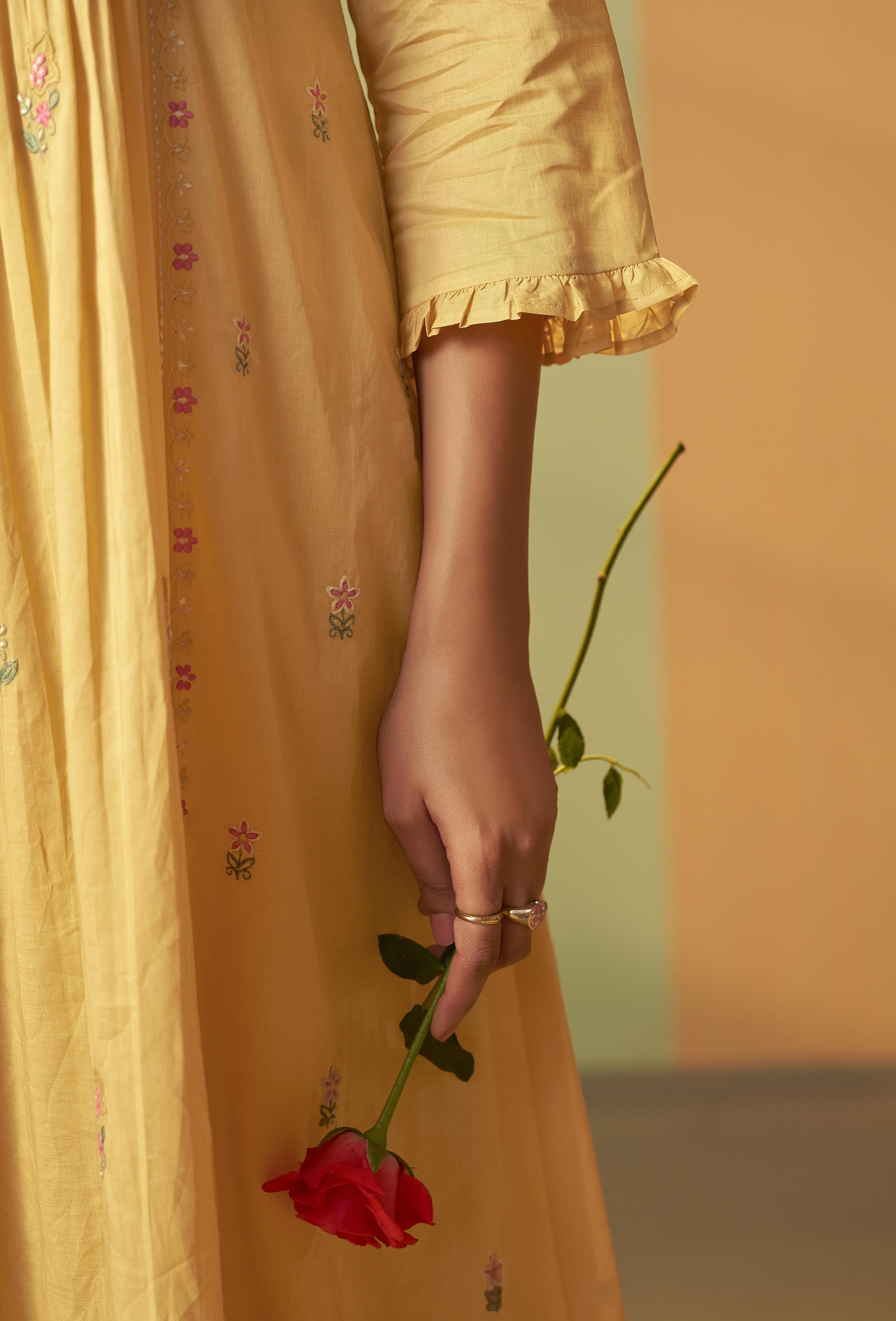 Pastel Yellow A-Line Cotton Embroidery Kurta Set