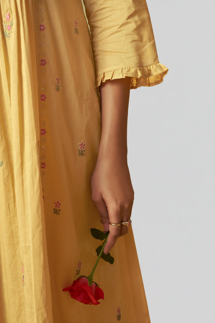 Pastel Yellow A-Line Cotton Embroidery Kurta Set