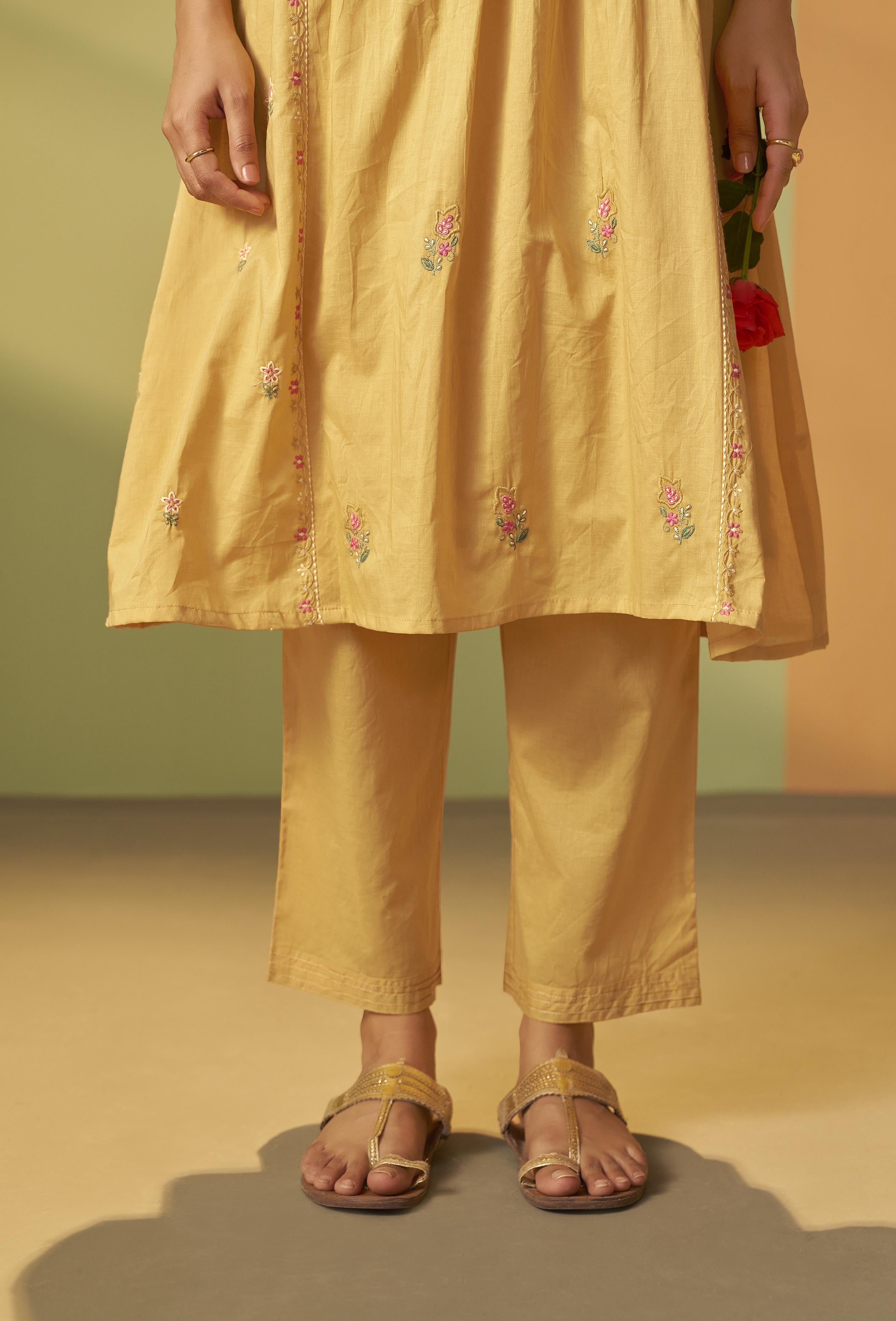 Pastel Yellow A-Line Cotton Embroidery Kurta Set
