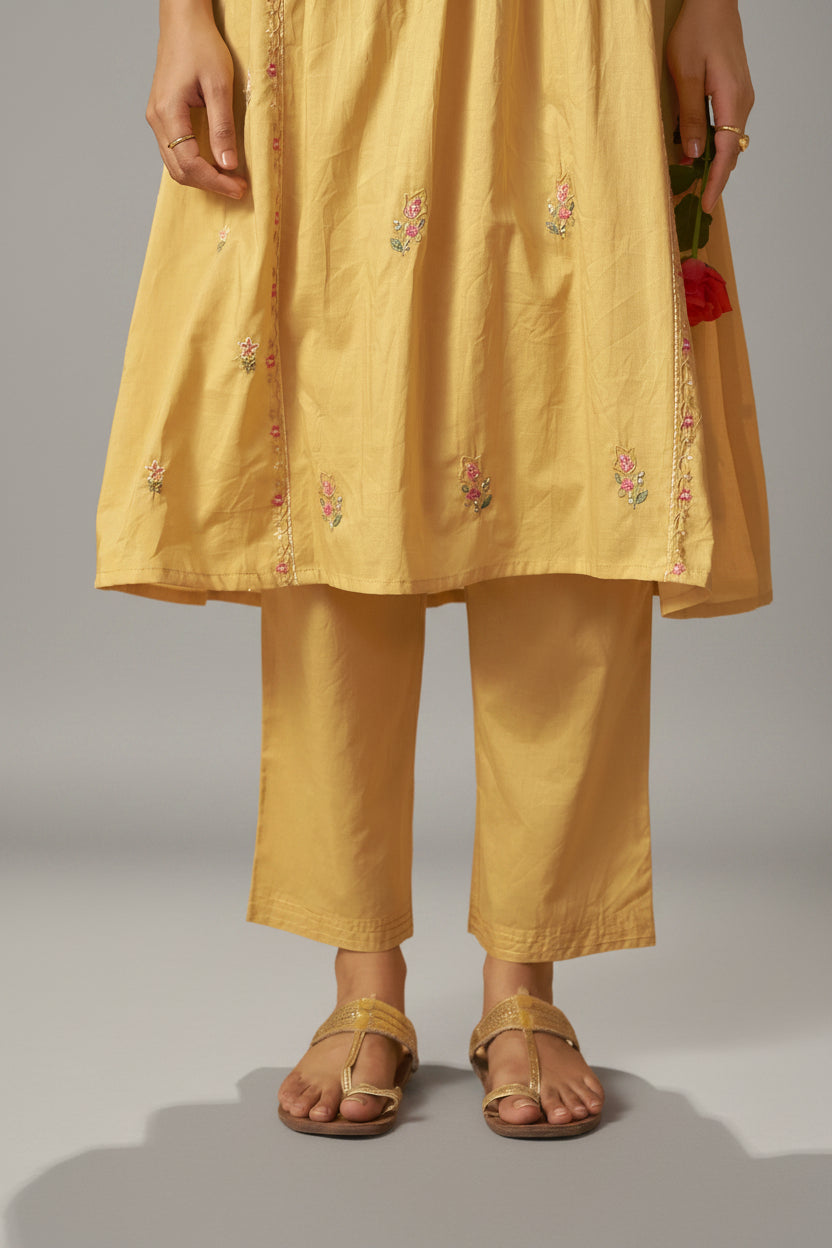 Pastel Yellow A-Line Cotton Embroidery Kurta Set