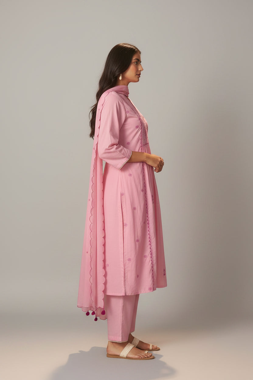 Flamingo Pink A-Line Cotton Embroidery Kurta Set