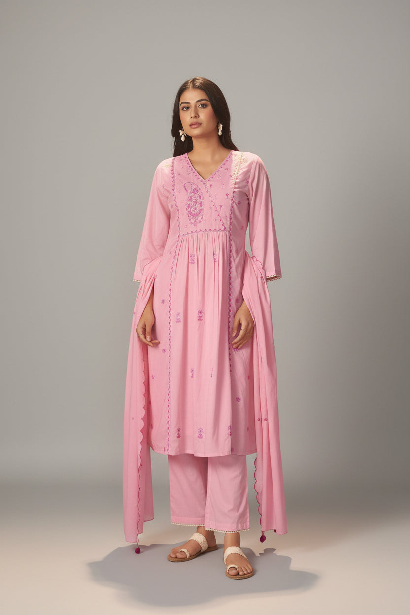 Flamingo Pink A-Line Cotton Embroidery Kurta Set