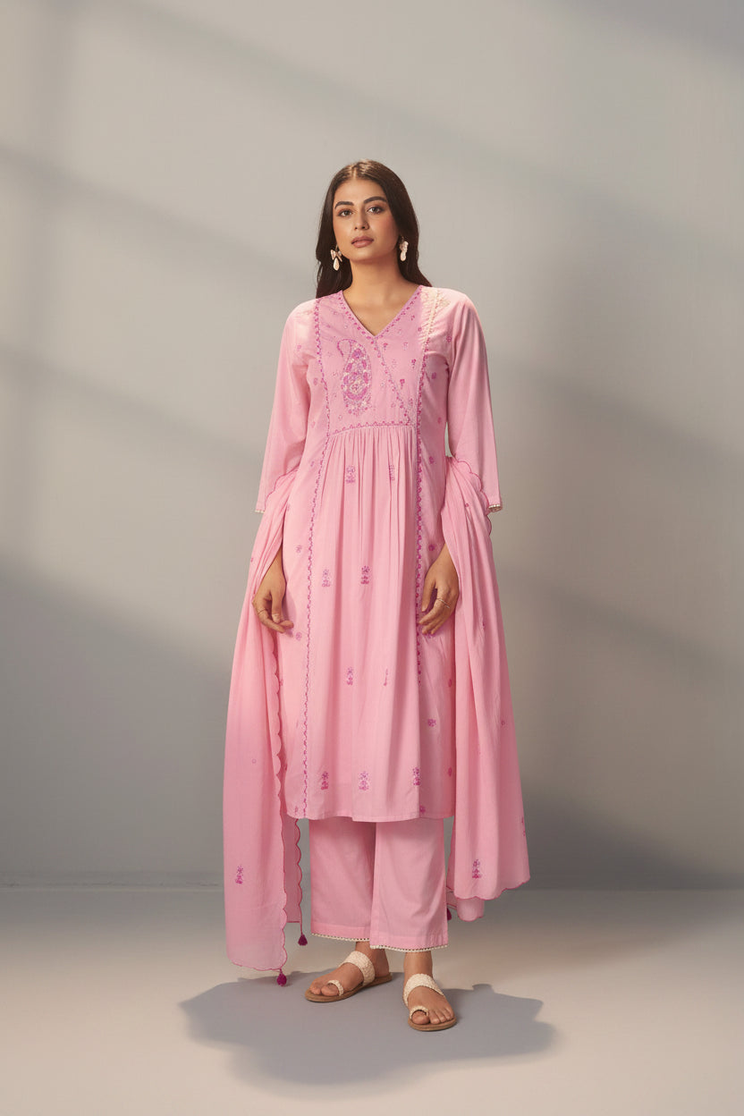 Flamingo Pink A-Line Cotton Embroidery Kurta Set