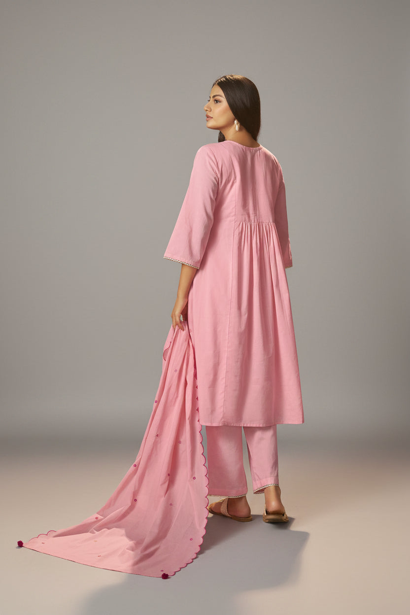 Flamingo Pink A-Line Cotton Embroidery Kurta Set
