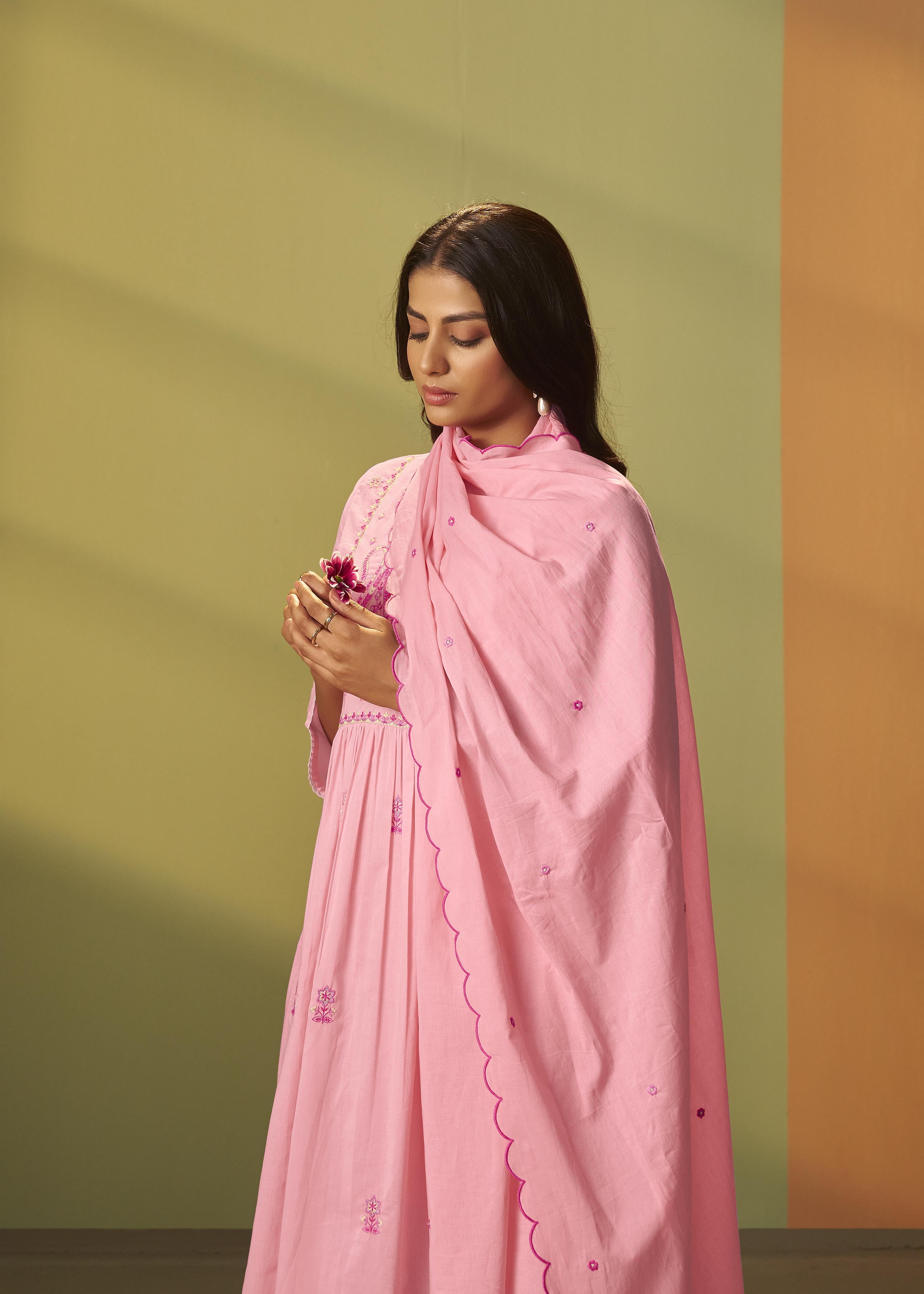 Flamingo Pink A-Line Cotton Embroidery Kurta Set