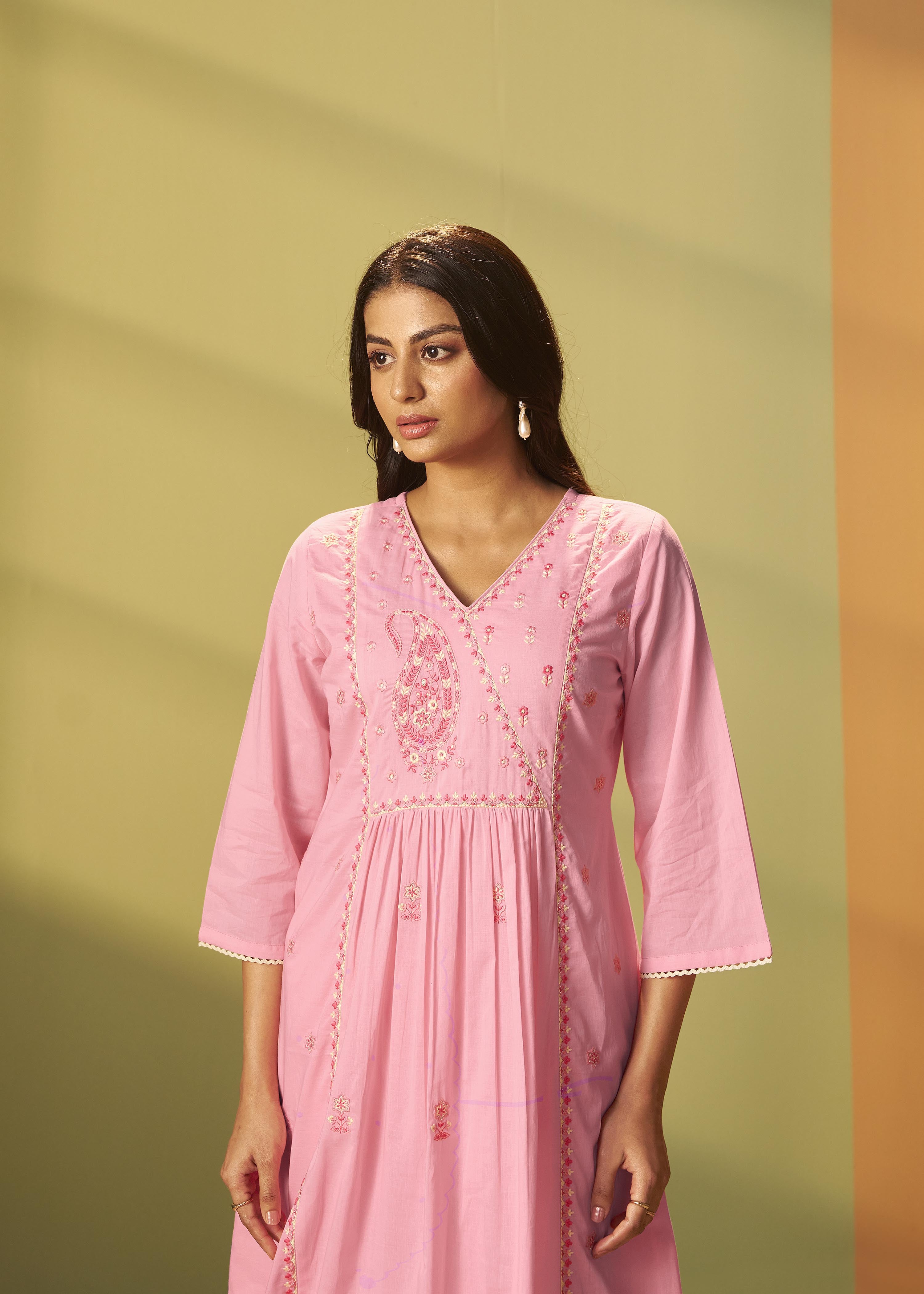 Flamingo Pink A-Line Cotton Embroidery Kurta Set