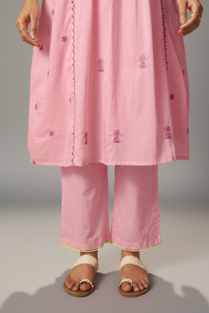 Flamingo Pink A-Line Cotton Embroidery Kurta Set
