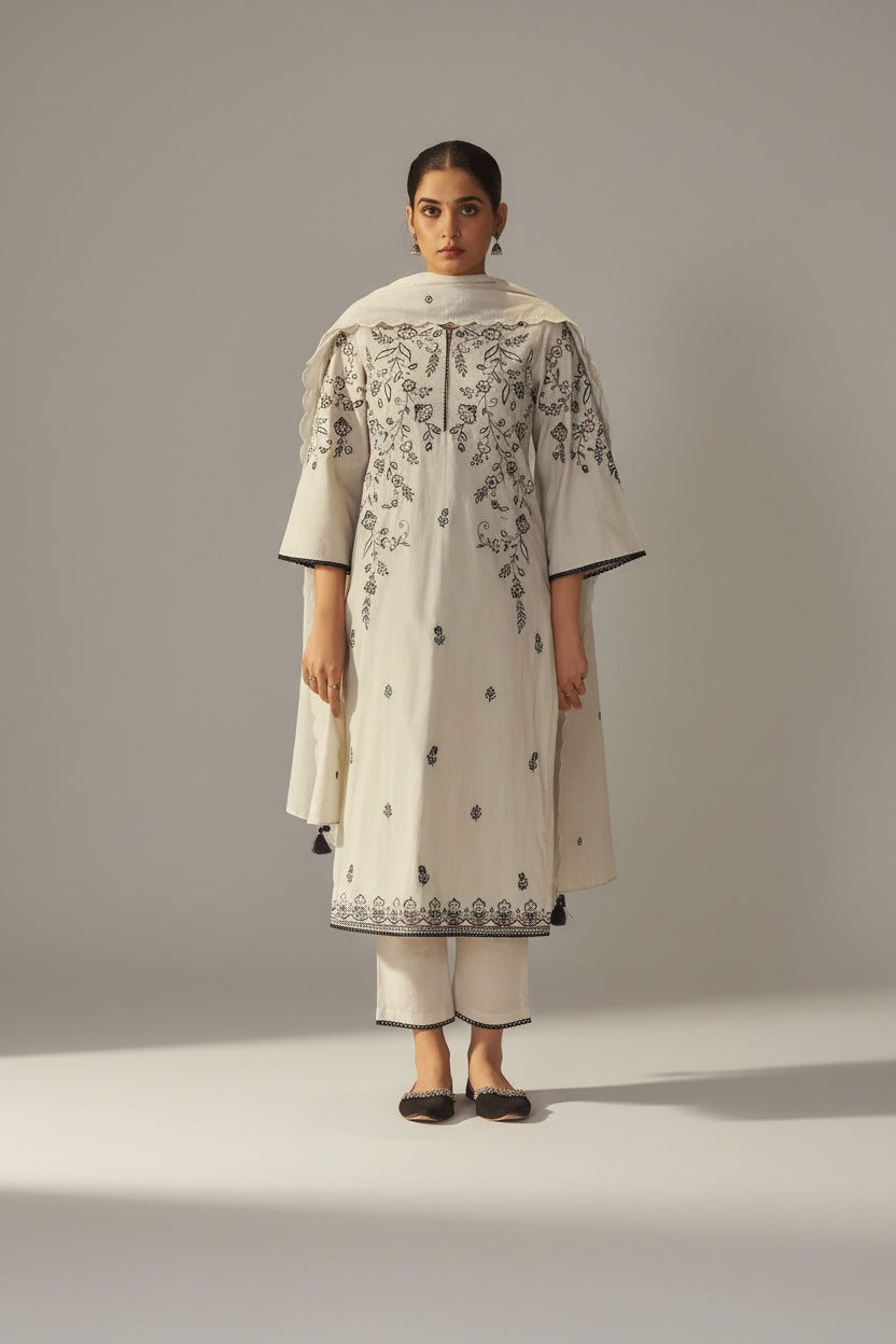 Pale Chiku Shade Cotton Embroidery Kurta Set