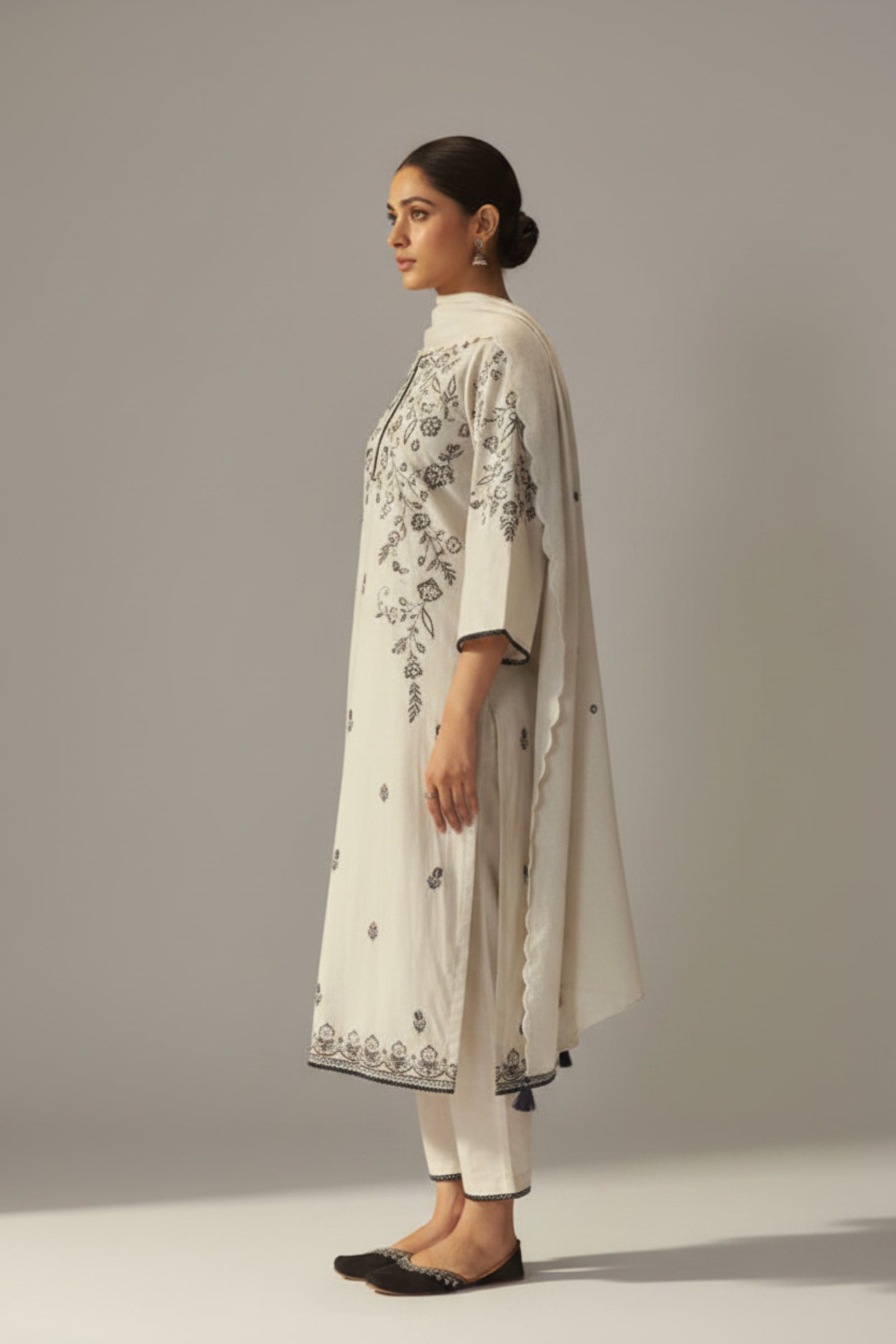 Pale Chiku Shade Cotton Embroidery Kurta Set