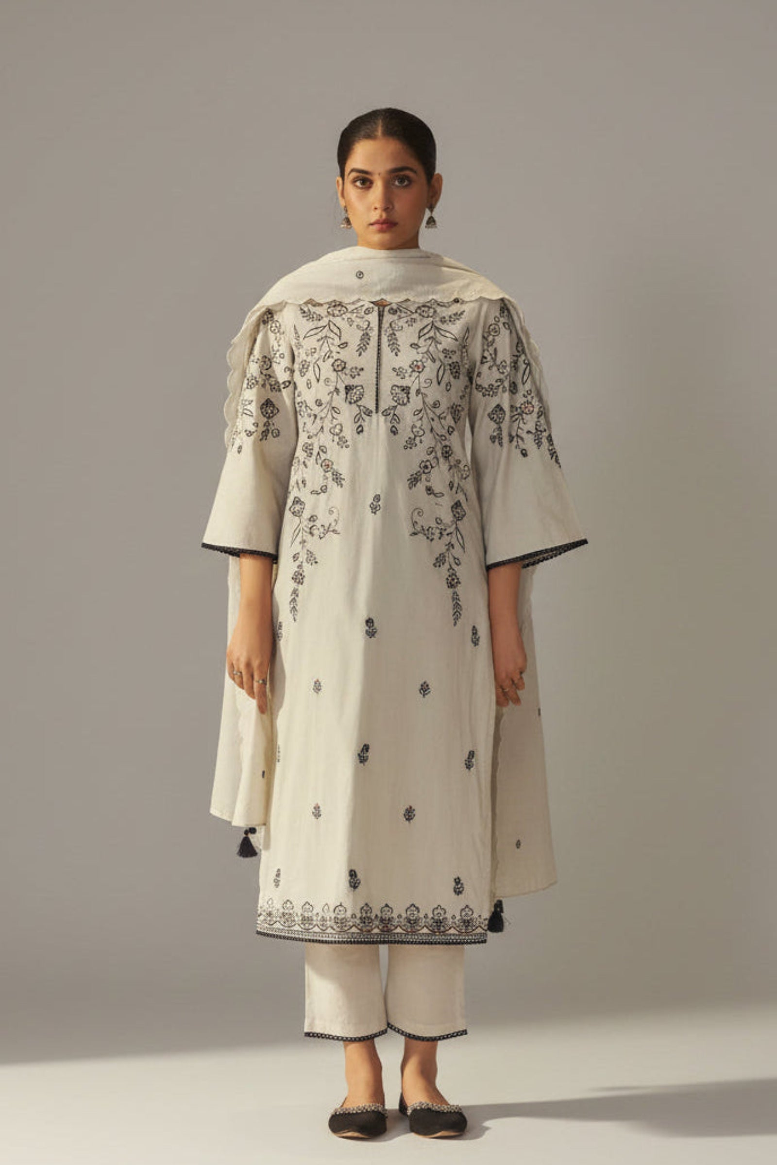 Pale Chiku Shade Cotton Embroidery Kurta Set