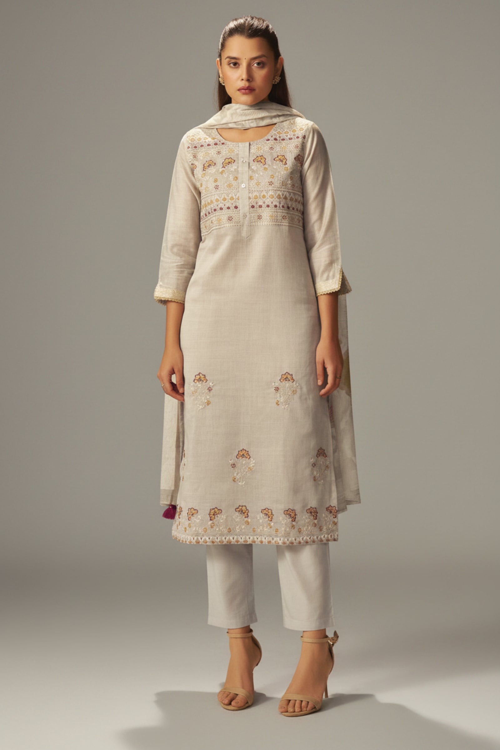Stone Beige Chanderi Embroidery Kurta Set