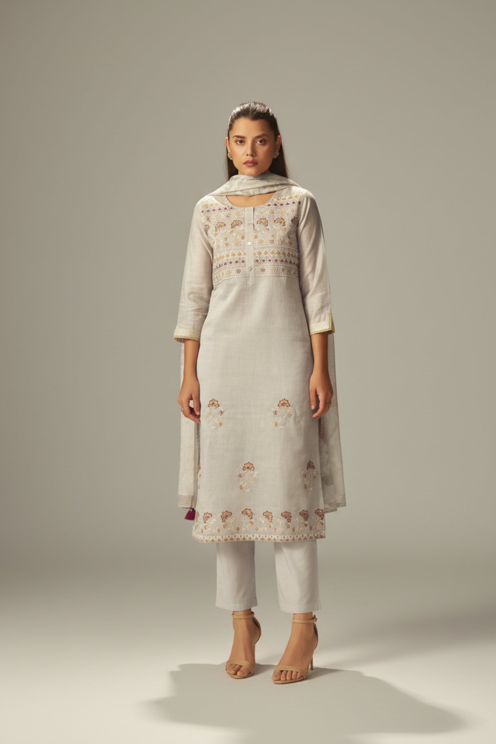Stone Beige Chanderi Embroidery Kurta Set