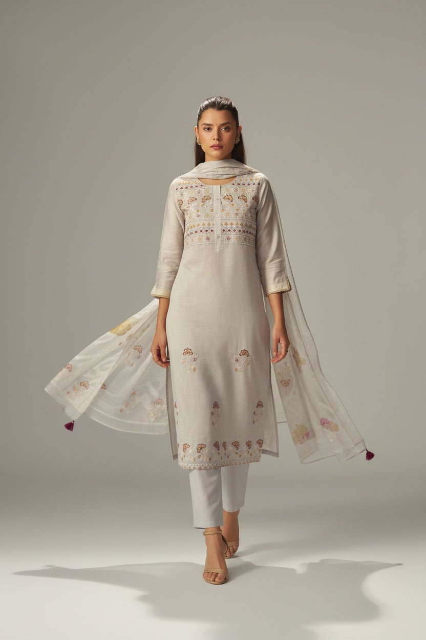 Stone Beige Chanderi Embroidery Kurta Set