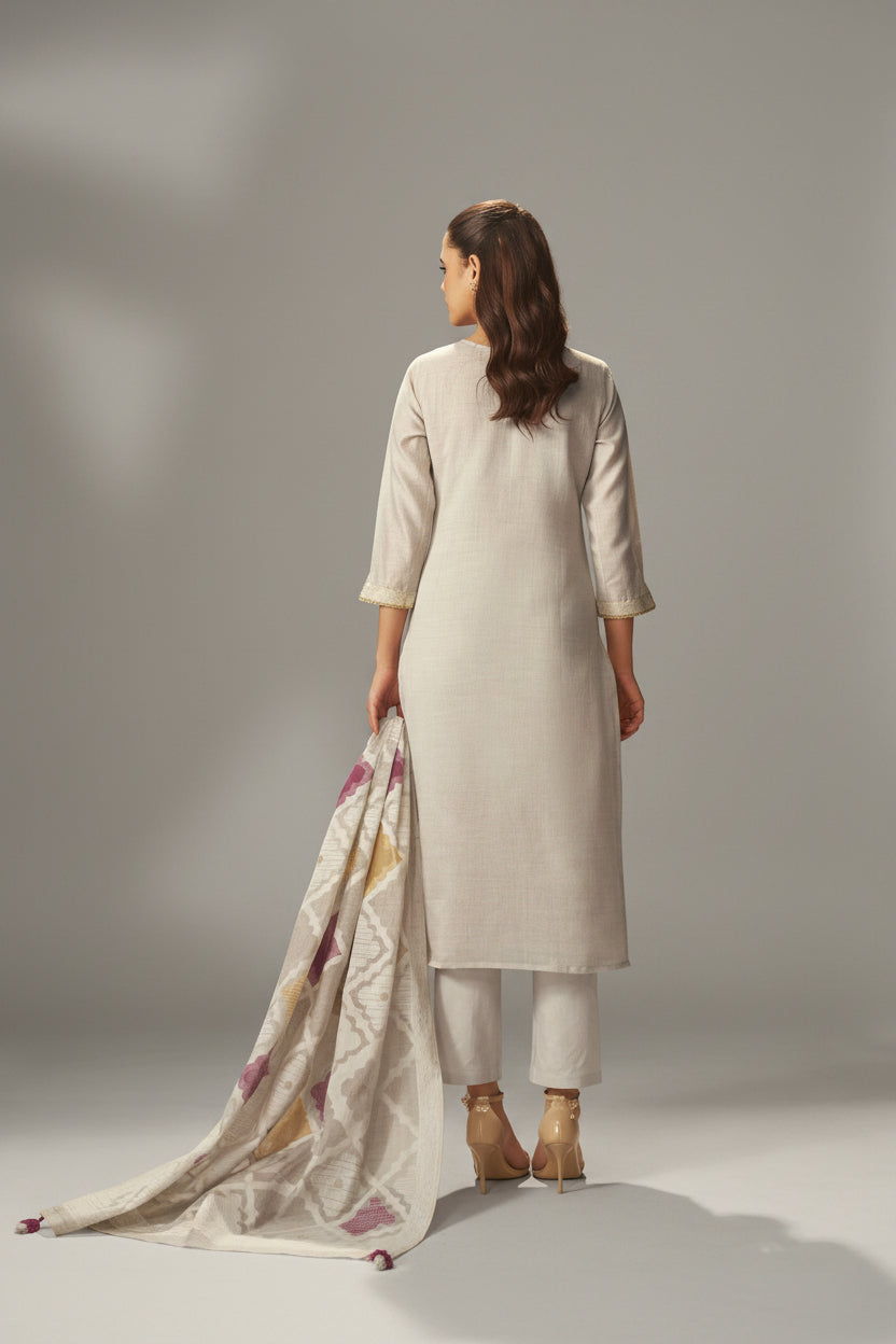 Stone Beige Chanderi Embroidery Kurta Set