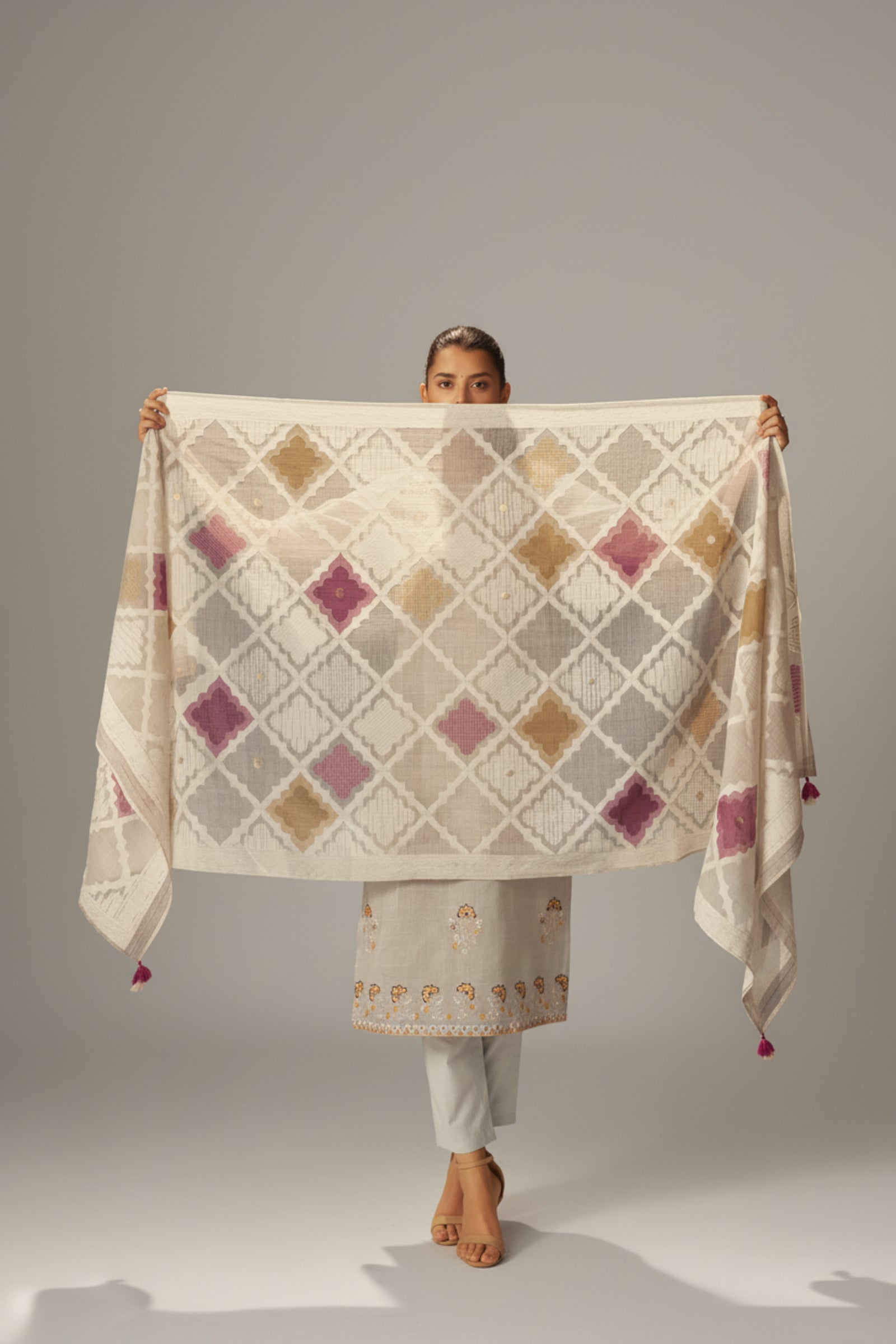 Stone Beige Chanderi Embroidery Kurta Set