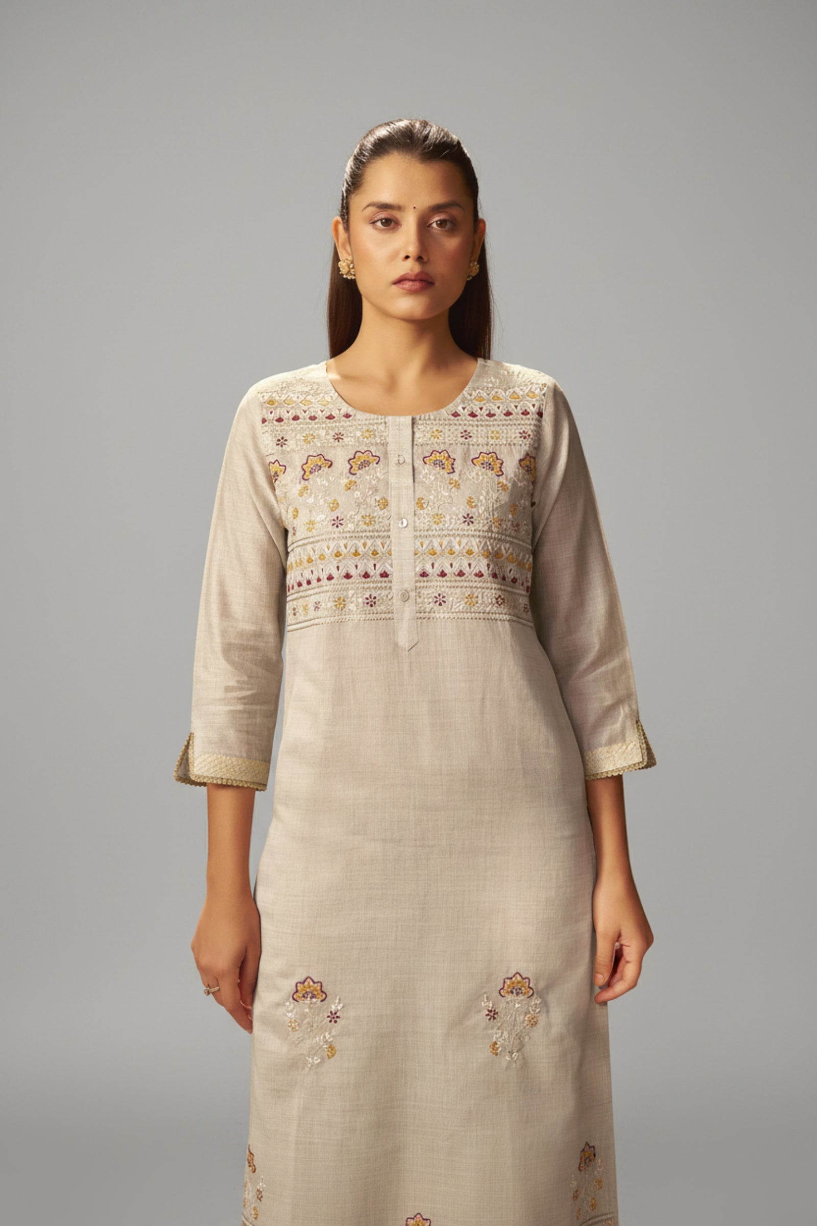 Stone Beige Chanderi Embroidery Kurta Set