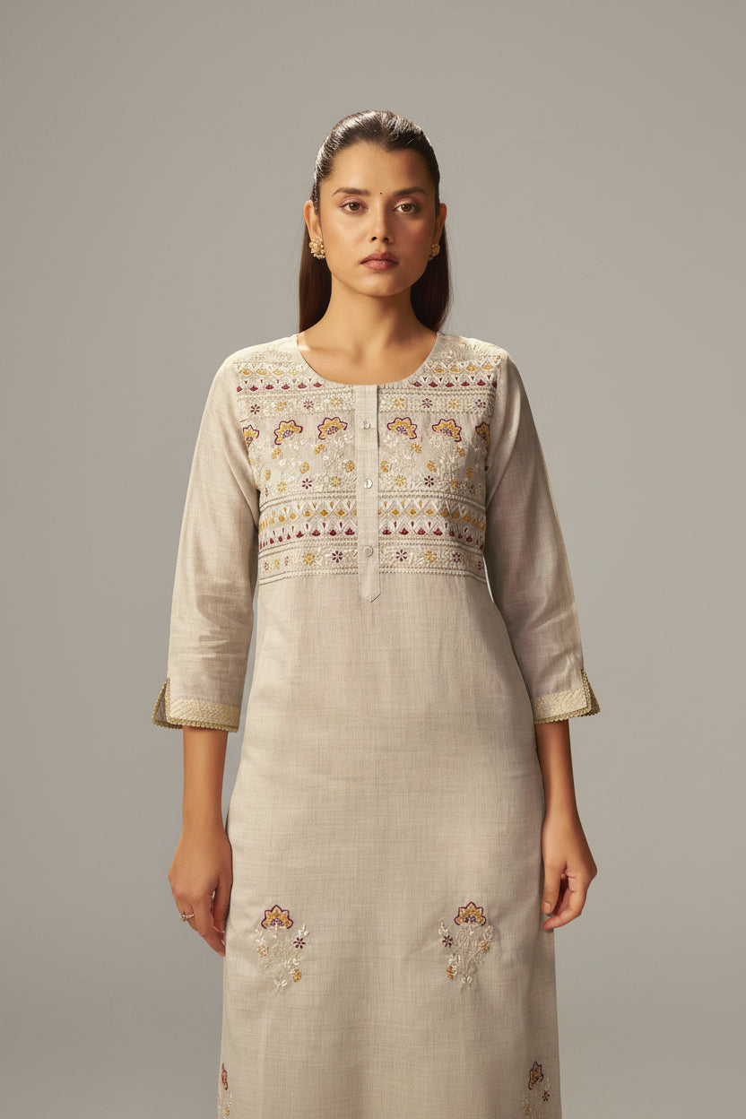 Stone Beige Chanderi Embroidery Kurta Set