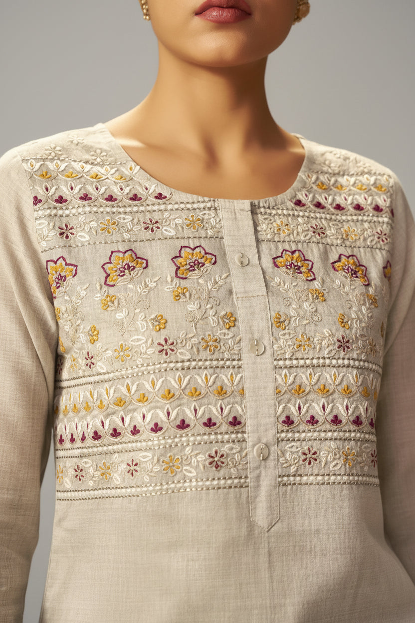 Stone Beige Chanderi Embroidery Kurta Set