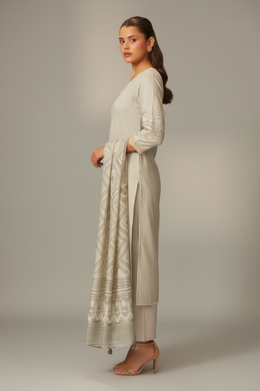 Mushroom Beige Chanderi Embroidery Kurta Set
